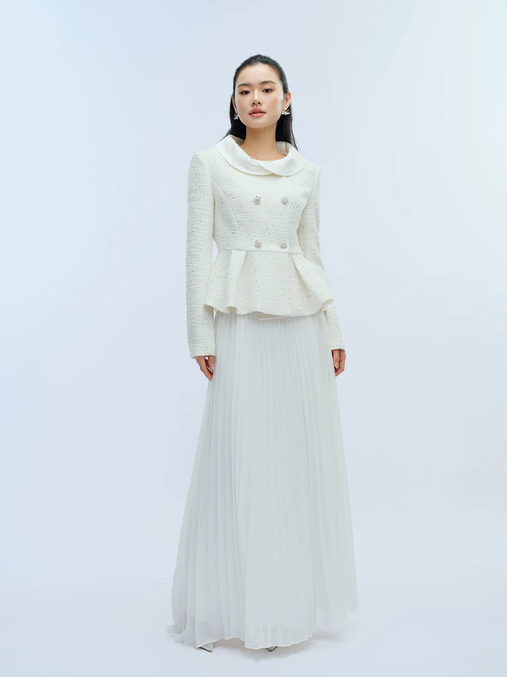 J TheChosen Waist Satin Stand-up Collar Pleated Skirt Set