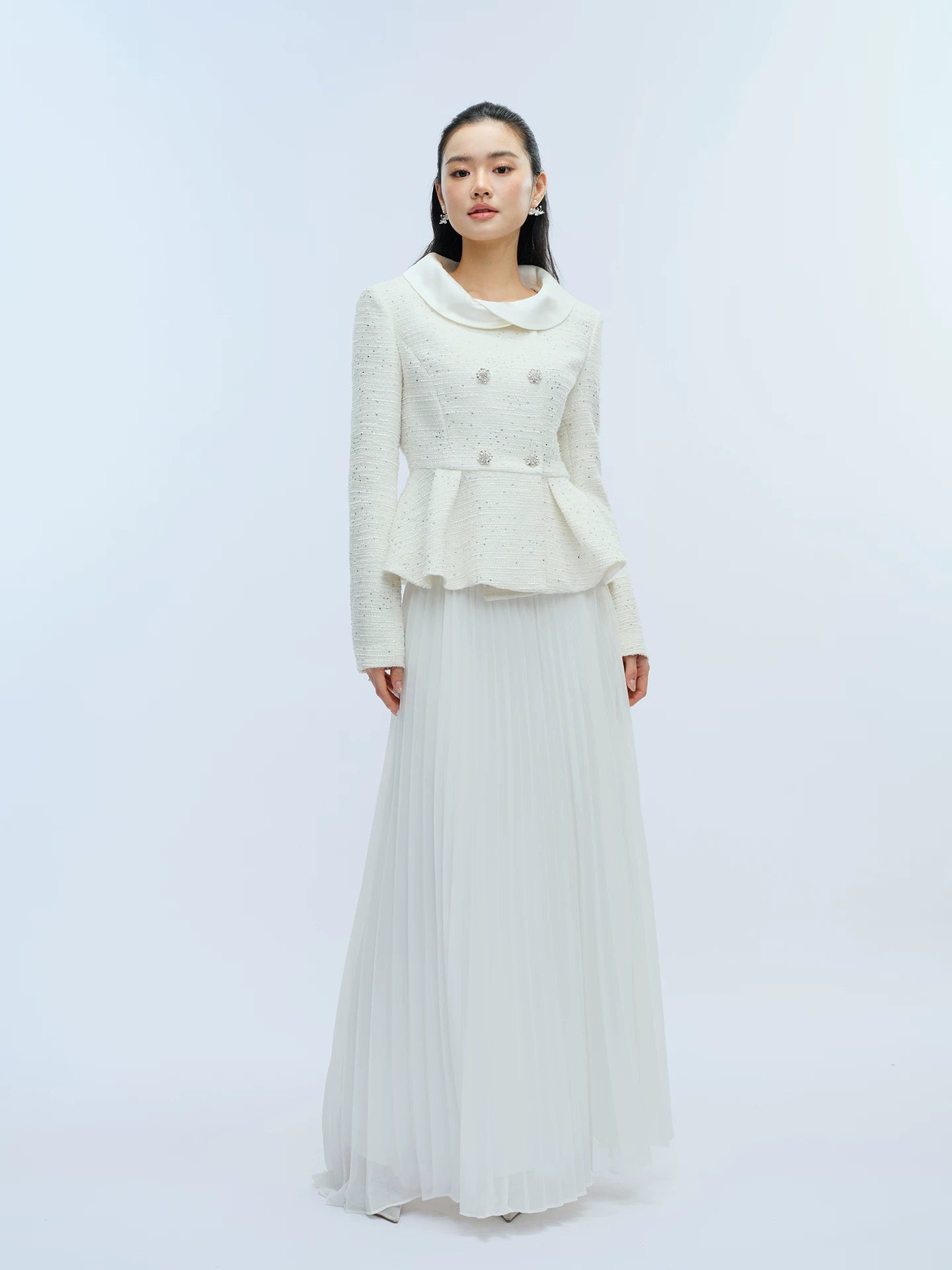 J TheChosen Waist Satin Stand-up Collar Pleated Skirt Set