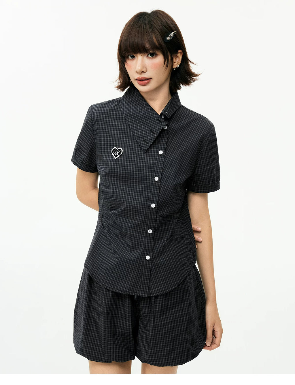 MEDM Plaid Diagonal Shirt with Waist and Thin Short Sleeves