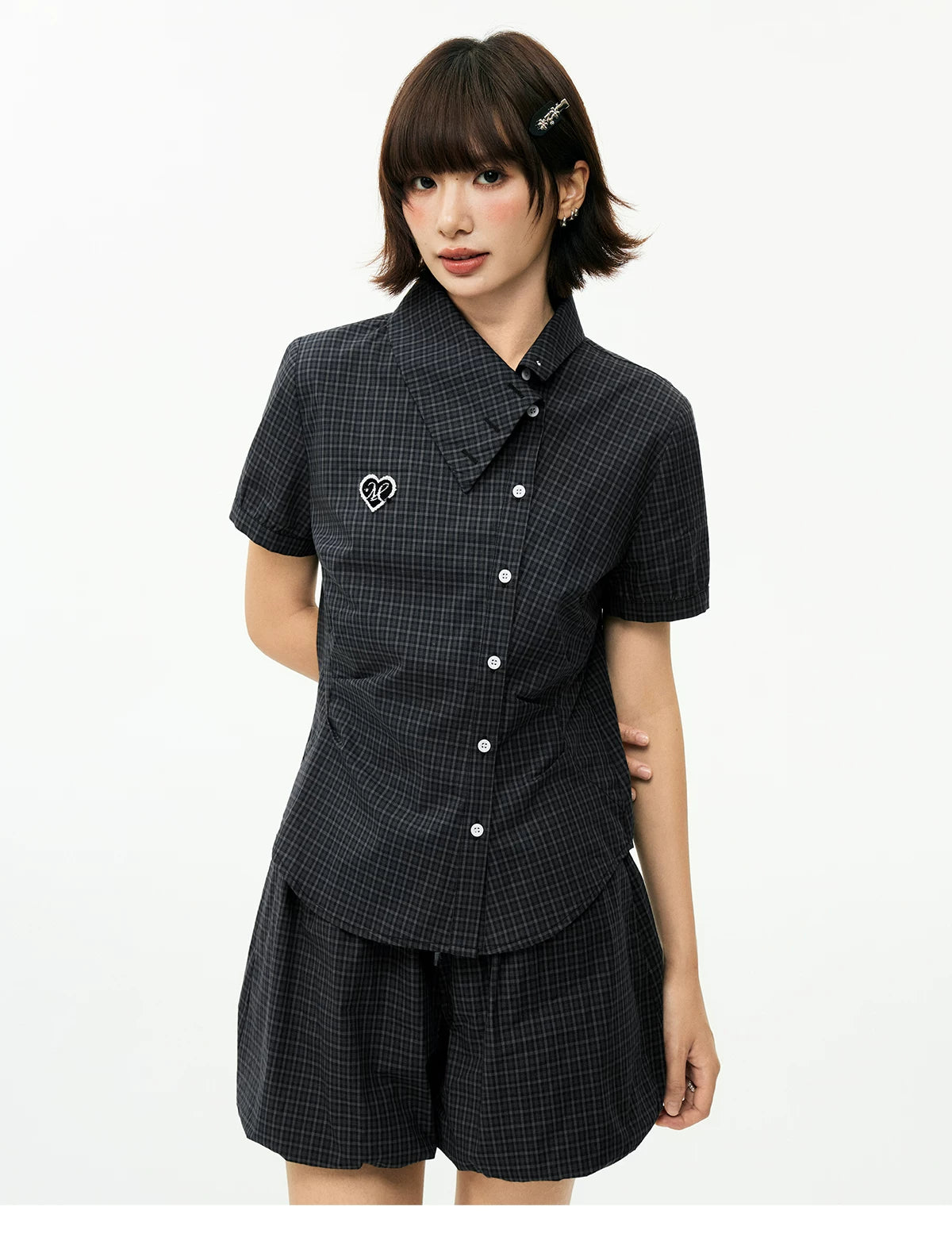 MEDM Plaid Diagonal Shirt with Waist and Thin Short Sleeves