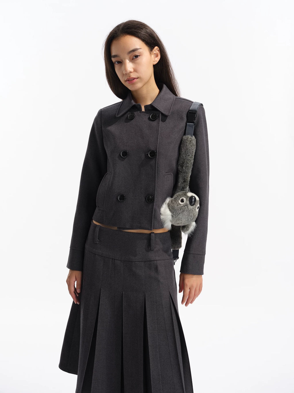 Two Little Guys Retro Double-breasted Jacket + Low-rise Suit Pleated Skirt