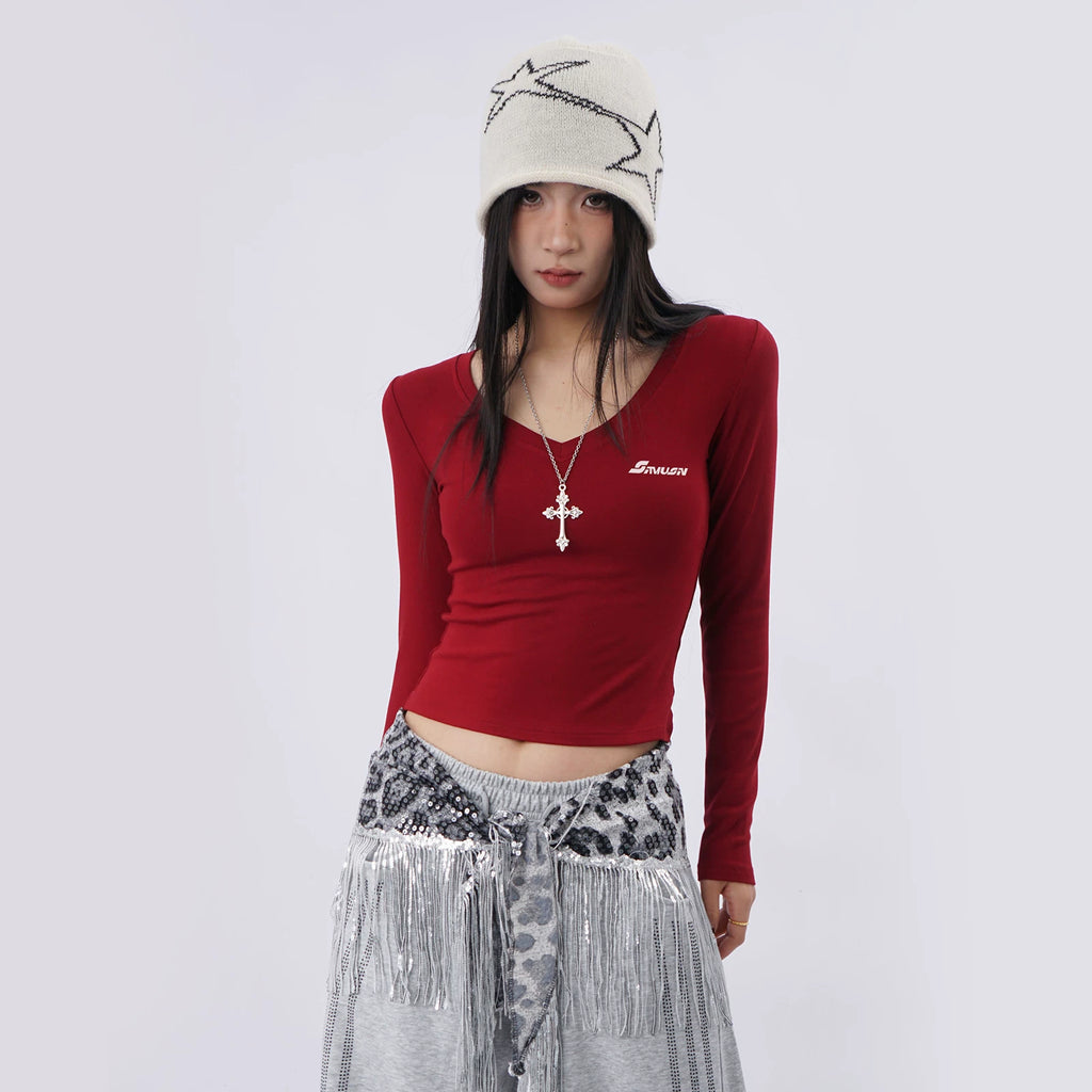 SAMUSAN Hot Diamond Letter V-Neck Slim Short Long Sleeve