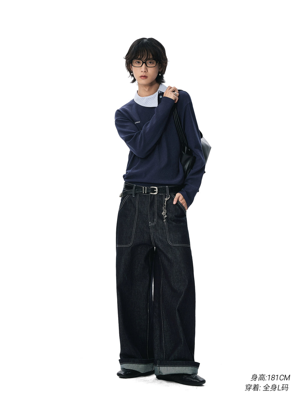 Sameuoo Casual Texture Slant Placket Polo Neck Long Sleeve