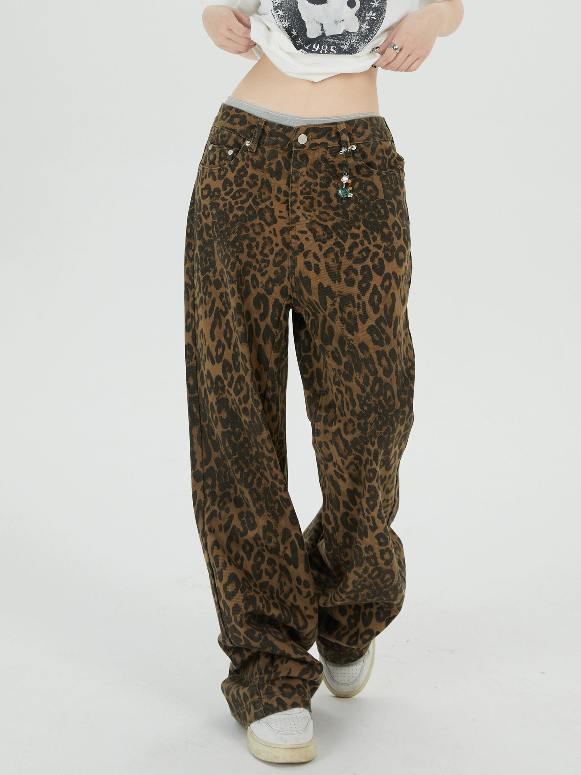 ZAVK Leopard Wide Leg Straight Jeans