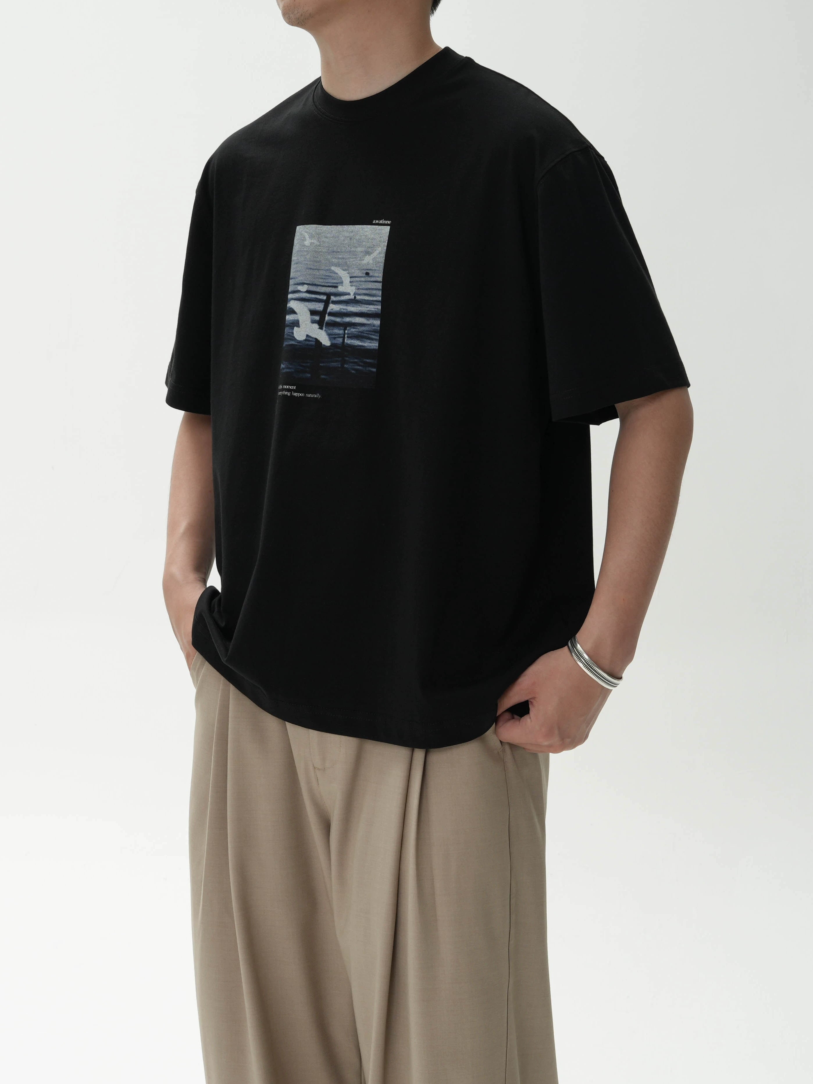 AWT Landscape Flying Bird Direct Injection Printing Loose TEE