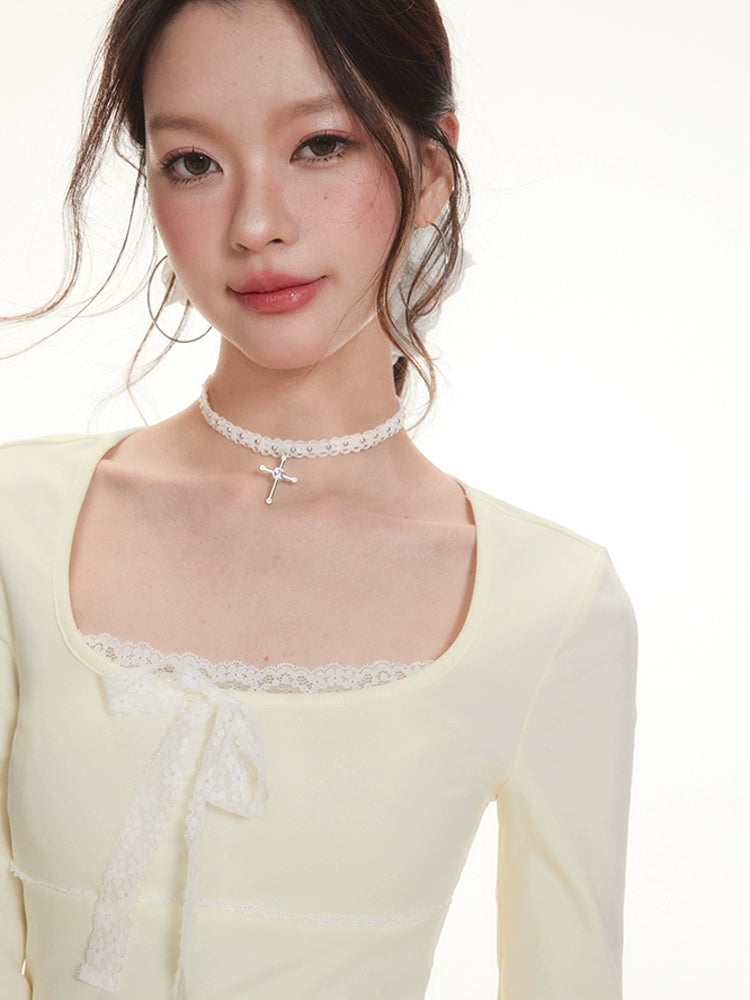 Imone Lace Splicing Bow Strap Square Neck Long Sleeve