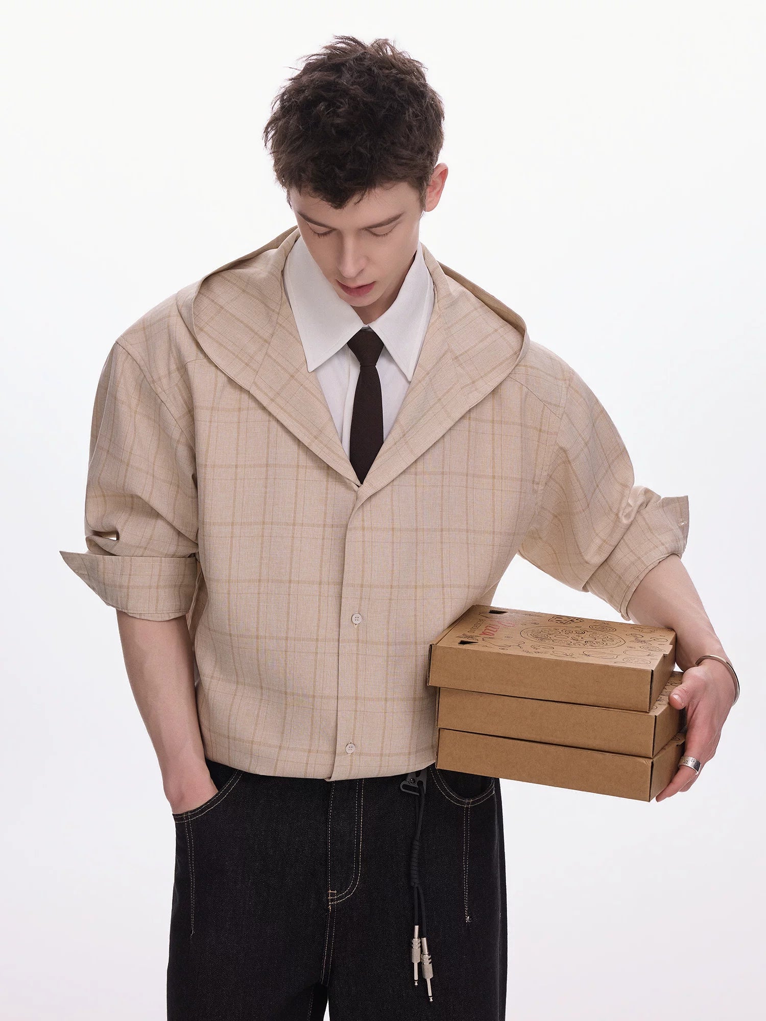 CHOR Double Neck Hooded Checked Fake Two-piece Long Sleeve Shirt