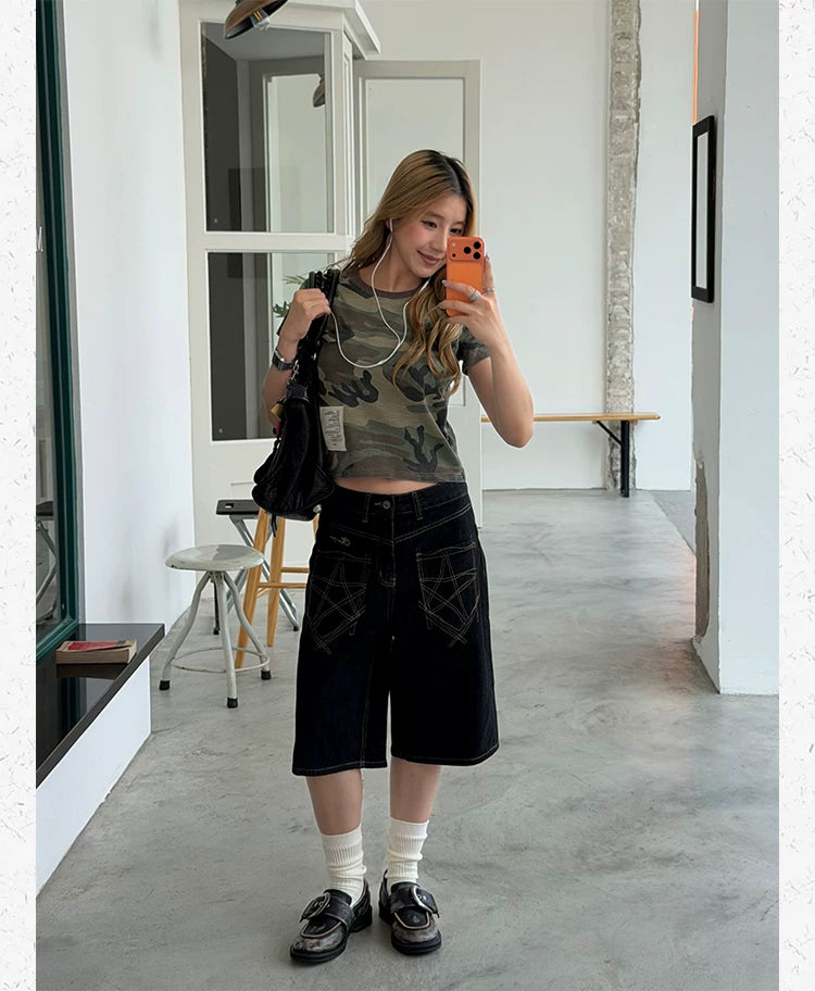 CCYE Wide-leg Denim Seven-point Knee Shorts