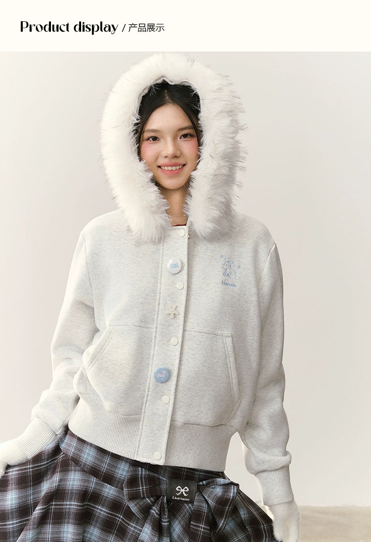Umoumo Loose Puppy Embroidered Fur Collar Hooded Fleece Sweater