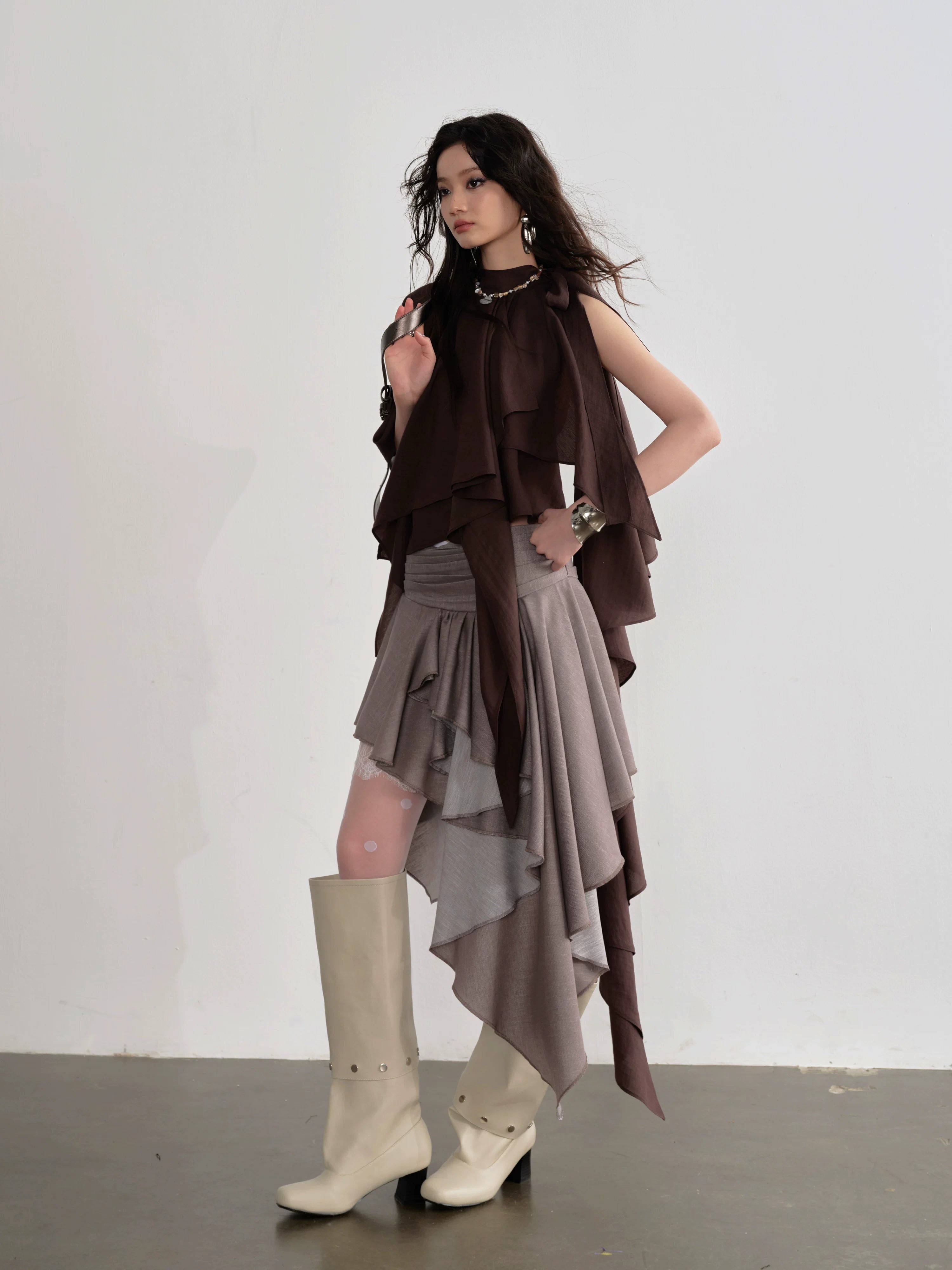 JNYLON Vintage Lace Stitching Asymmetrical Skirt