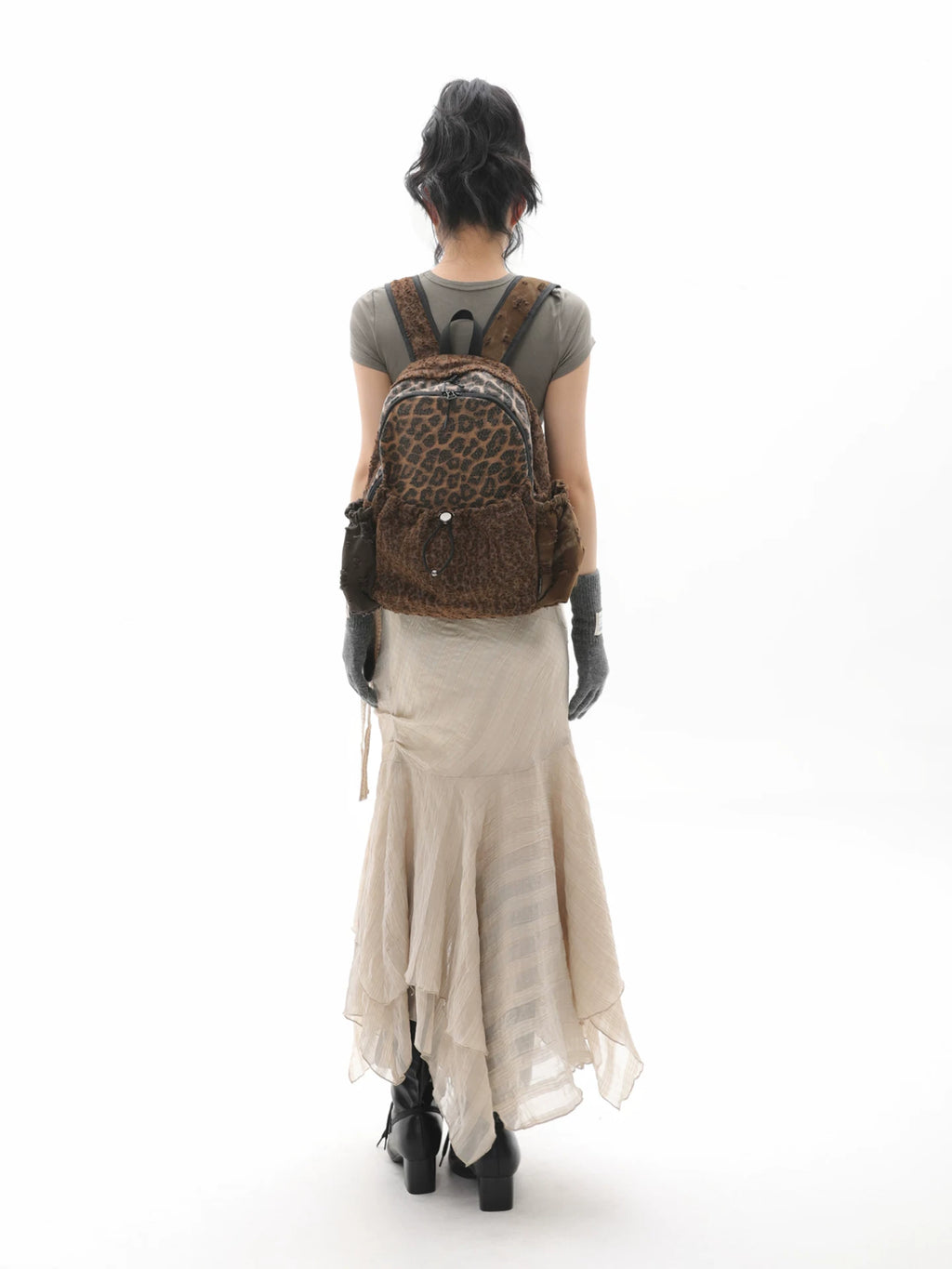JANDRESS Stitching Leopard Print Pleated Drawstring Backpack