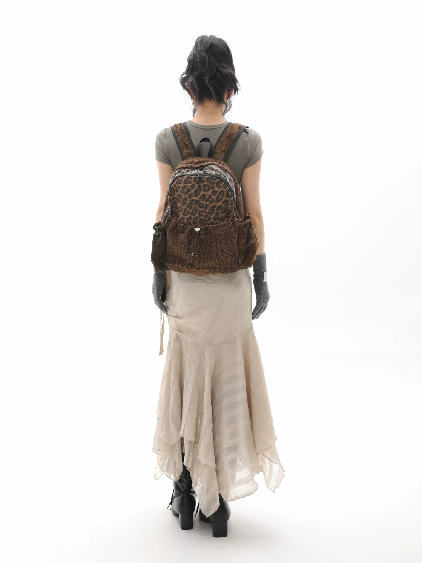 JANDRESS Stitching Leopard Print Pleated Drawstring Backpack