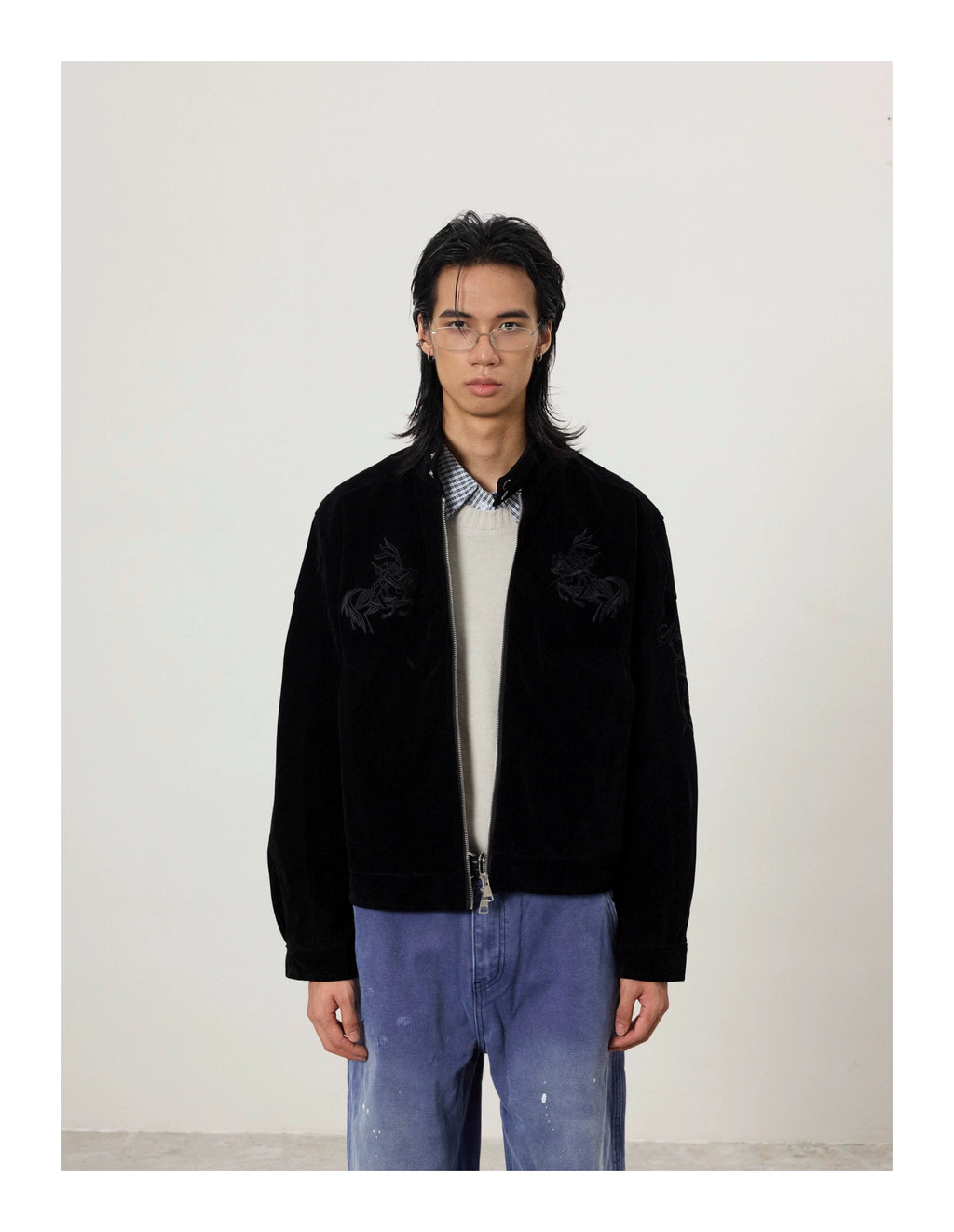 BTSG Vintage Embroidered Suede Stand-Up Jacket