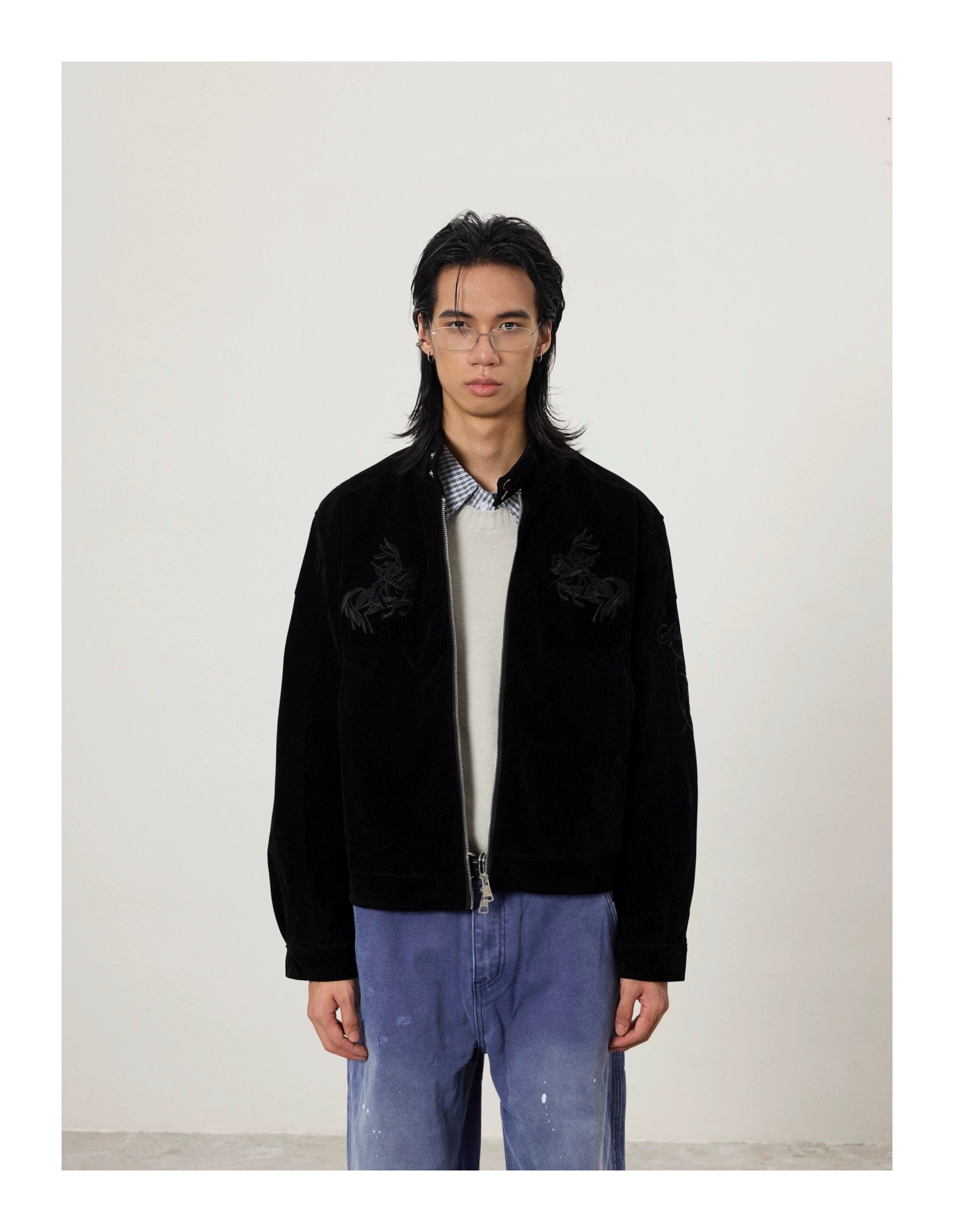 BTSG Vintage Embroidered Suede Stand-Up Jacket