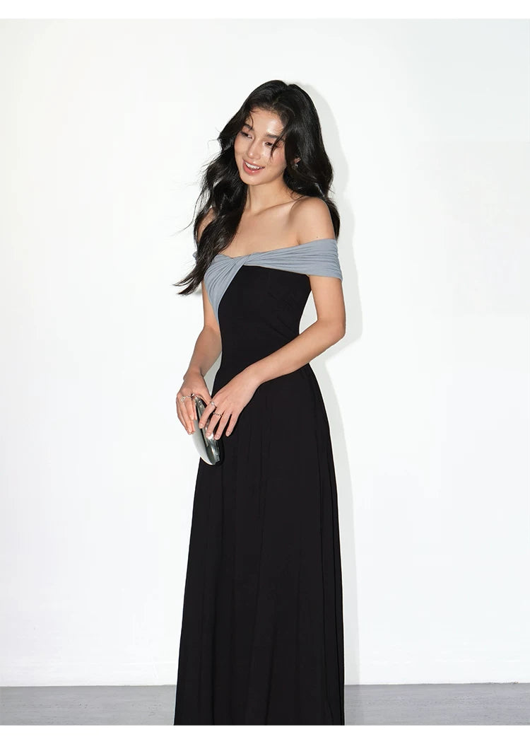 NEVA HU Temperament One-word Shoulder Contrasting Color Splicing Dress