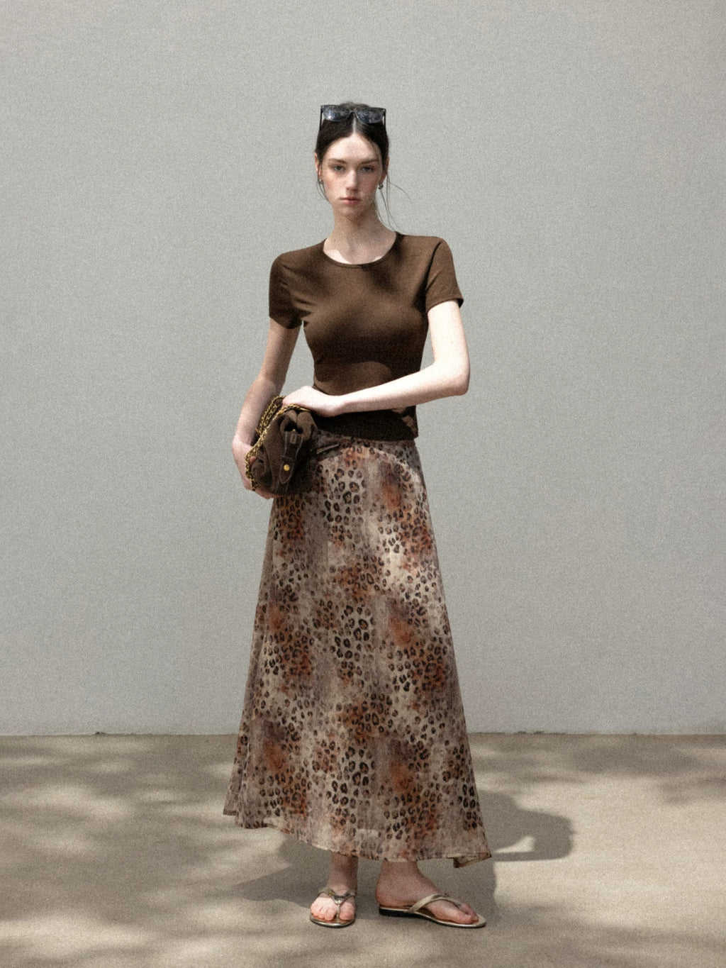 Cantonstory Vintage Slim Tee Leopard Print High Waist Skirt Set