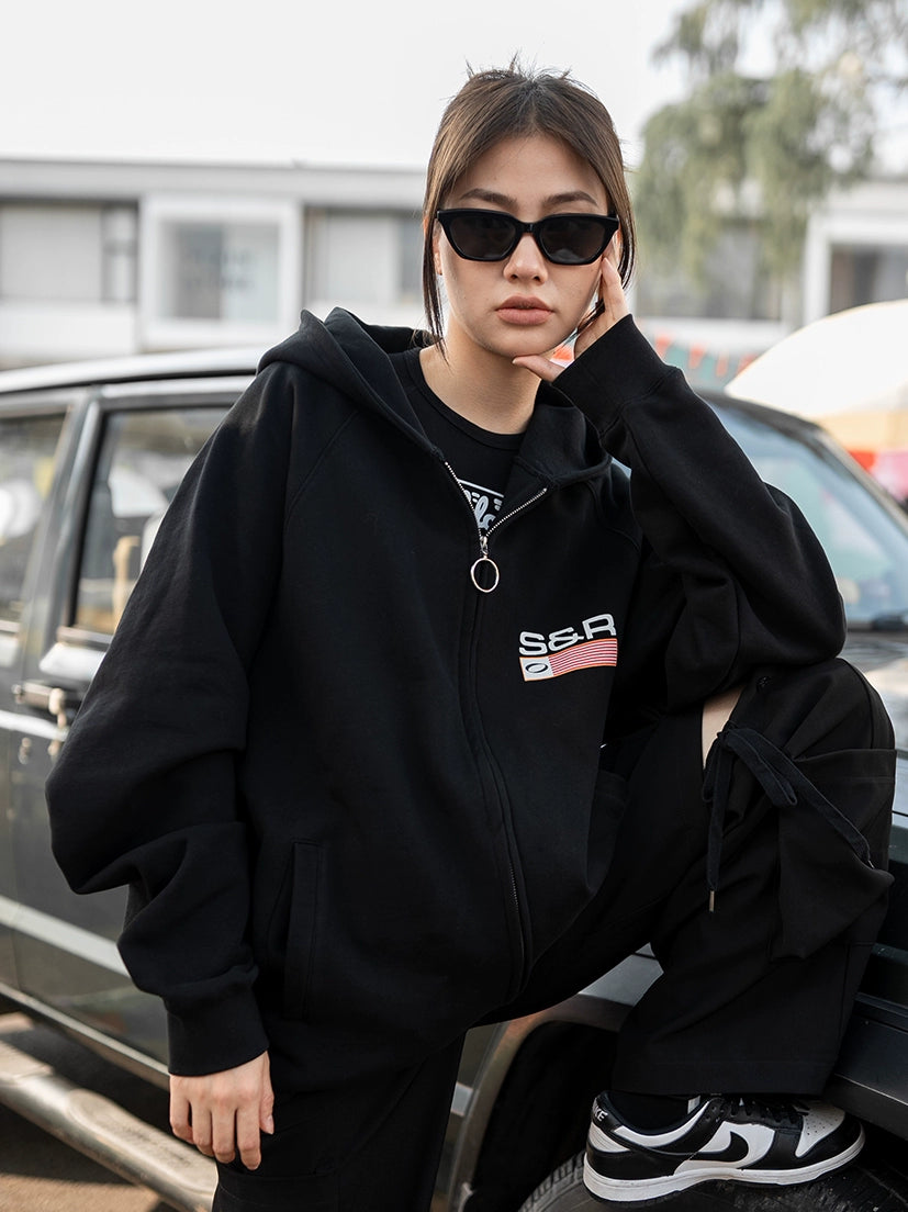 SOSER Vintage Back Suede Print Hooded Zipper Shirt