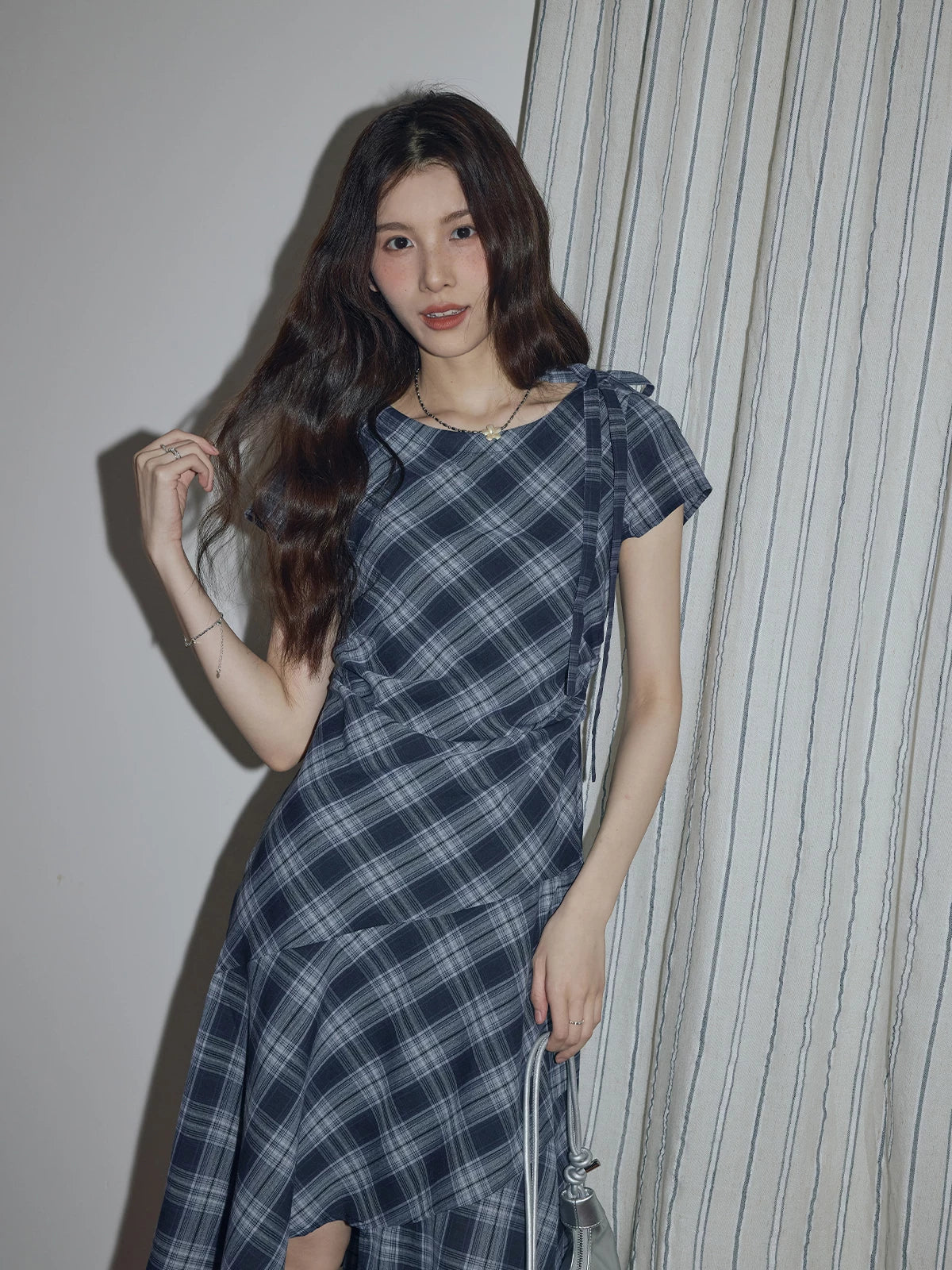 XUJING Retro Drape Irregular Plaid Dress