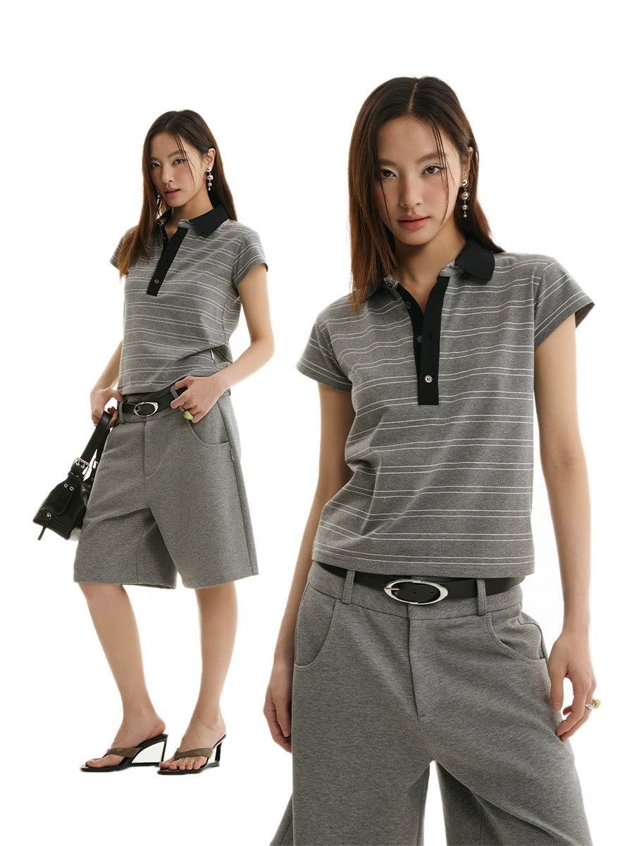 FUNKYFUN Stylish Simple Classic Striped POLO Short Sleeve Tee