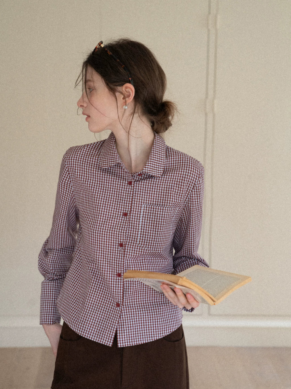 EGGKA Lapel Retro Plaid Pocket Long-sleeved Shirt