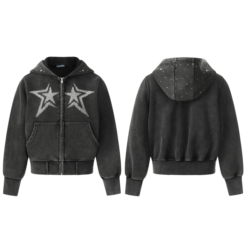 NOMANIAI Washed Hot Diamond Slim Fit Hooded Zipper Jacket
