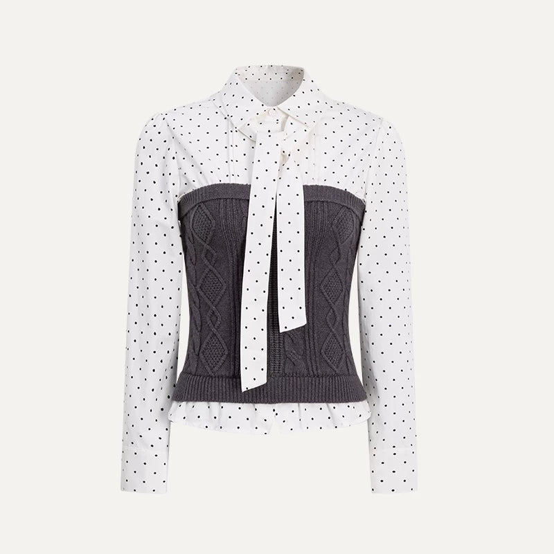 SunsetPark College Style Splicing Shirt Knitted Pleated Skirt Set