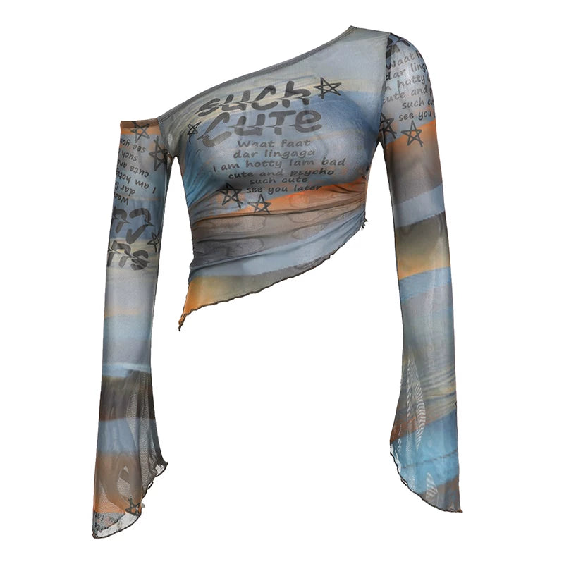 FUNOFF Smudged Letter Print Slanted Shoulder Mesh Blouse