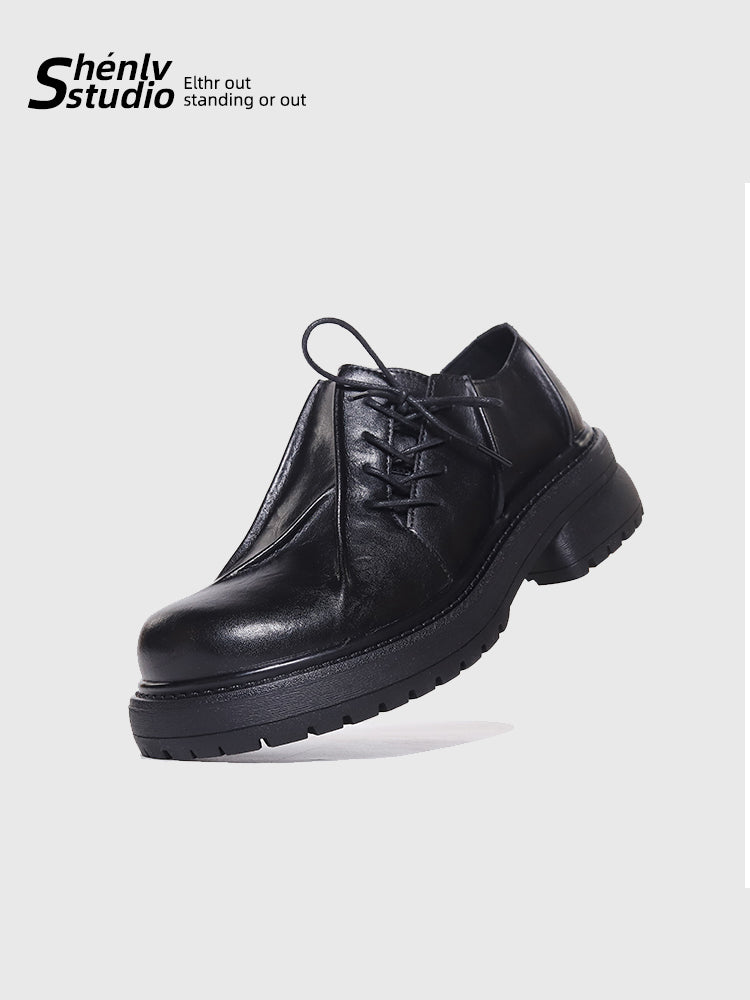 SHENLV STUDIO Asymmetrical Hand-pleated Thick-soled Heightening Leather Shoes