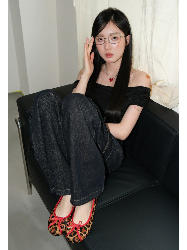 Mooreyu Leopard Print Light Mouth Bow Round Head Flats