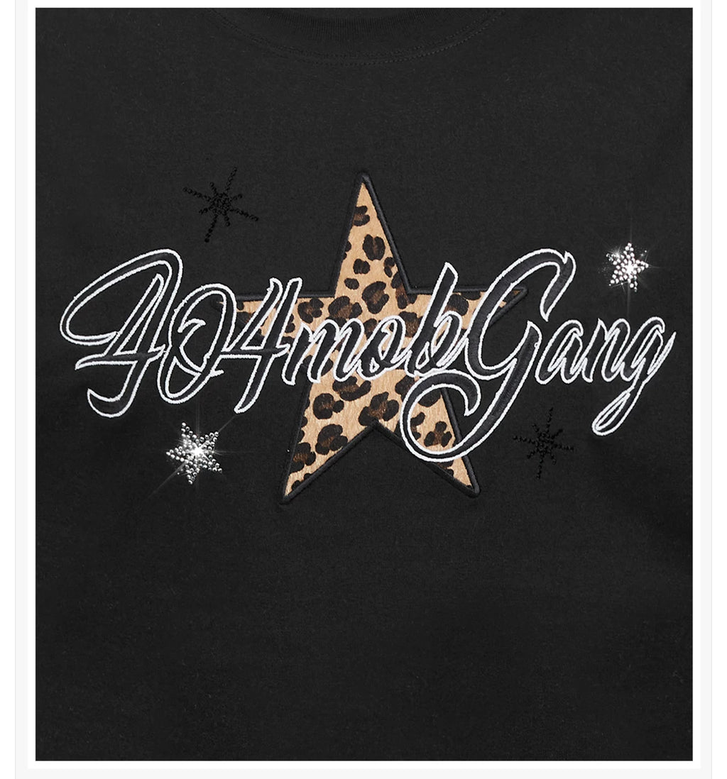404MOB Leopard Print Star Hot Diamond Embroidery Tee