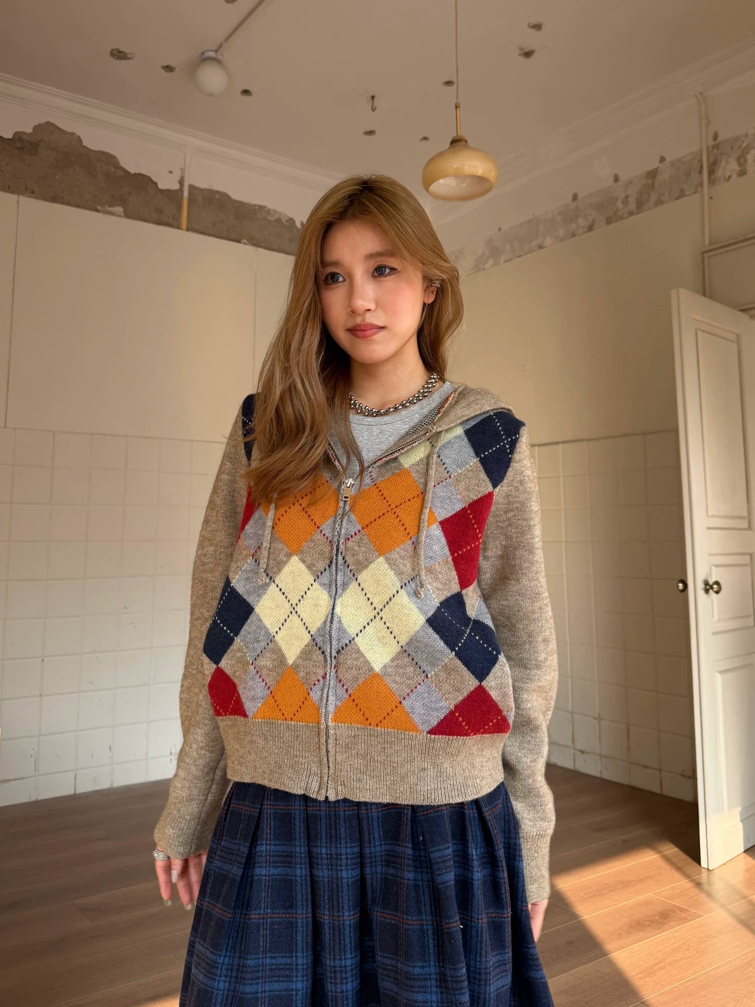 CCYE Vintage Rhombus Hooded Sweater Knitted Cardigan Jacket