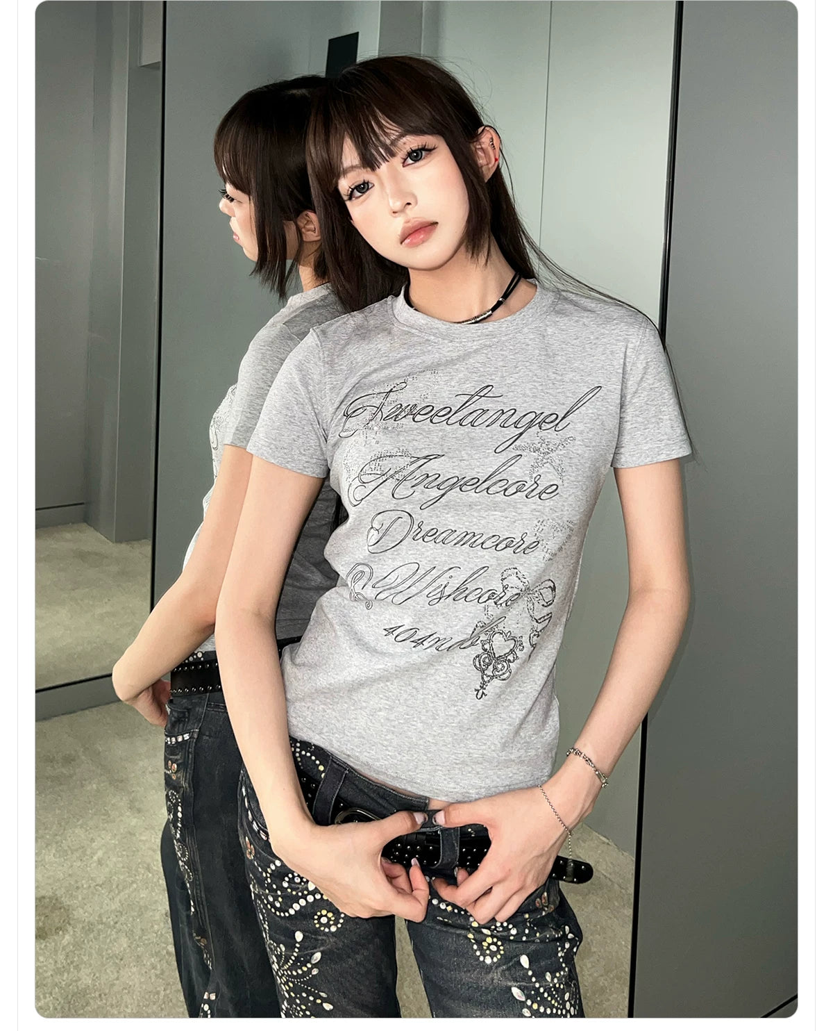 404MOB Alphabet Printed Hot Drill Front Shoulder Tee