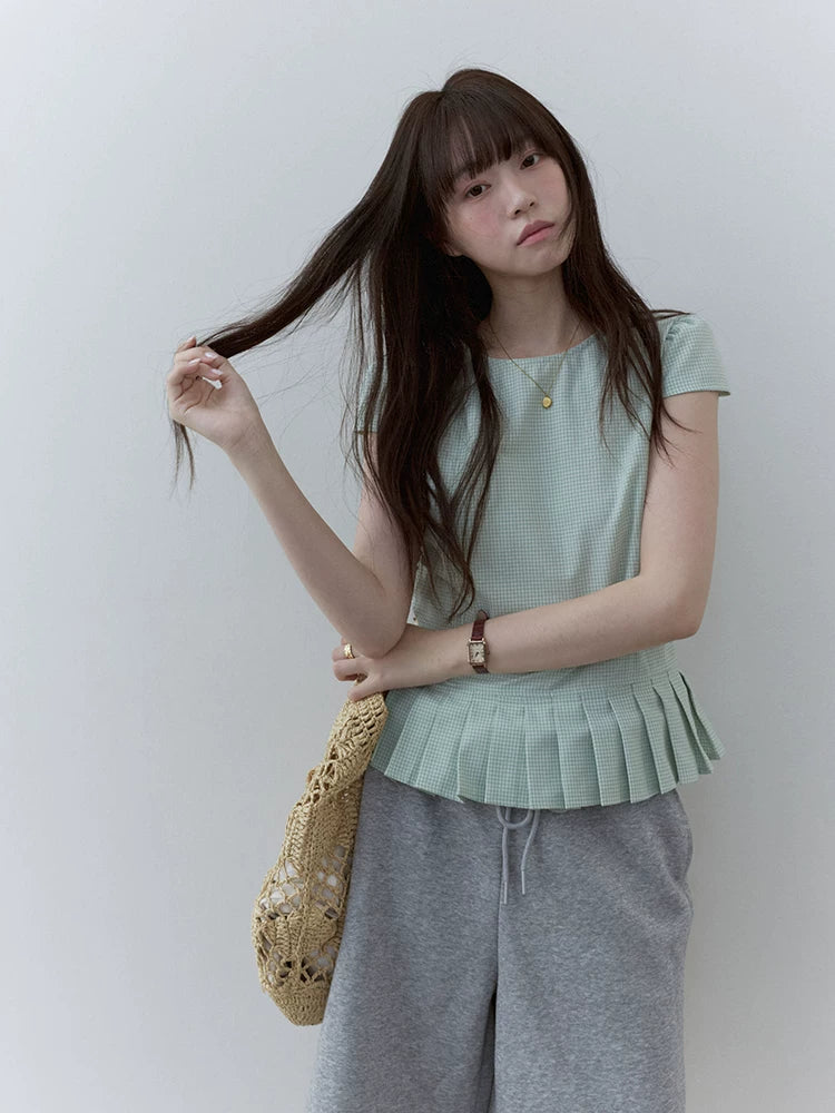 VOOE Contrast Checked Pleated Crew Neck Shirt