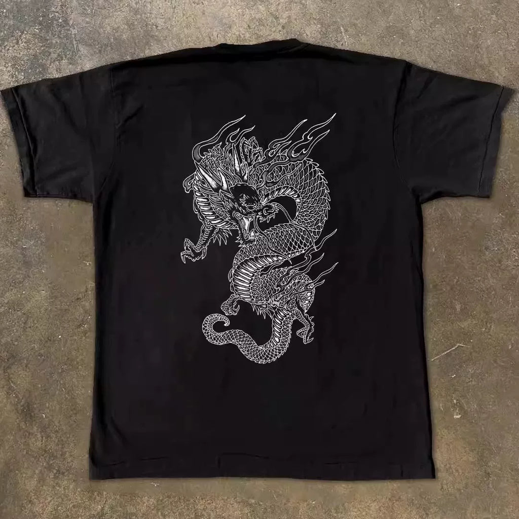 UPUPXIA Vintage Chinese Dragon Print Loose Tee