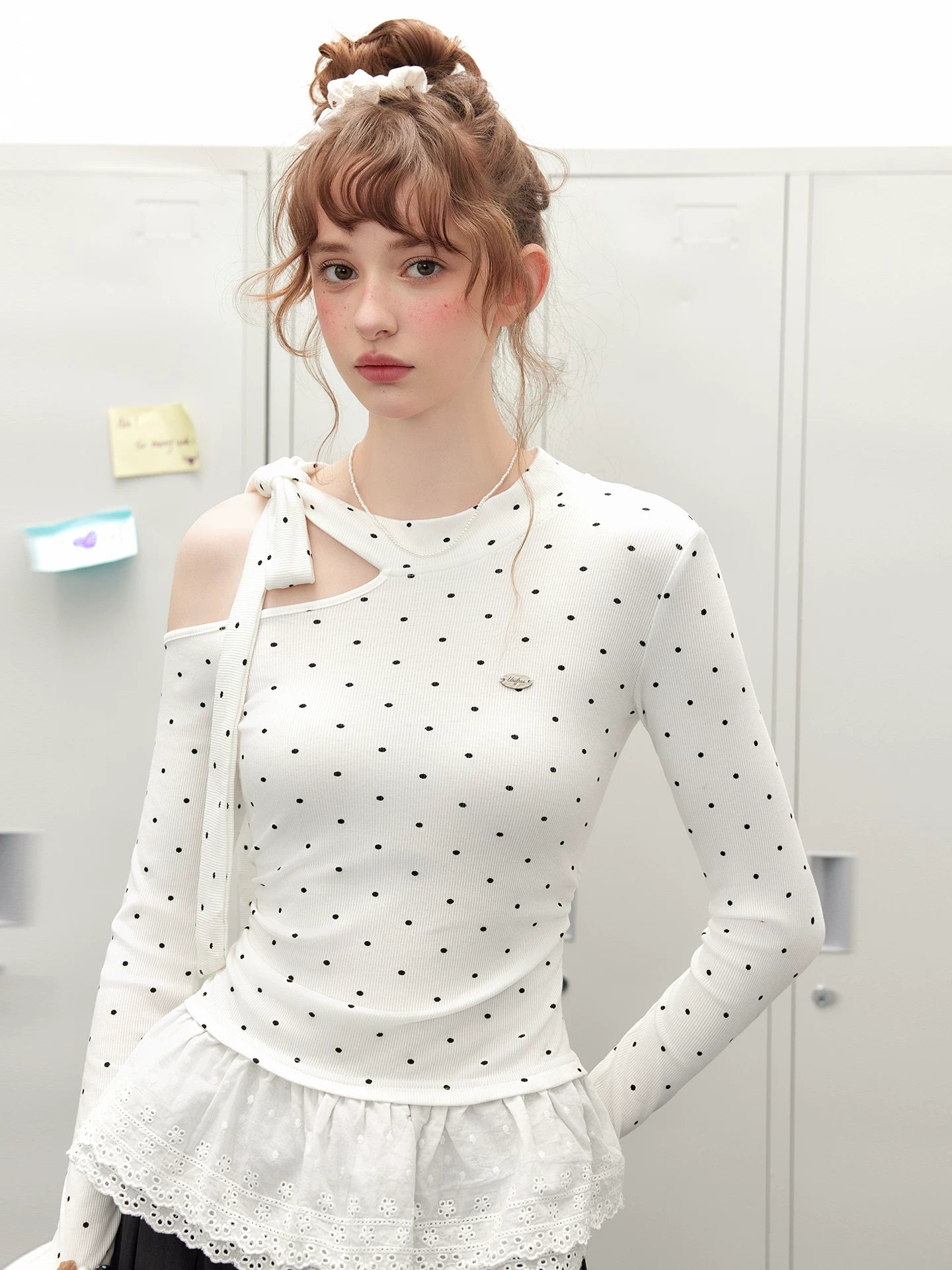 UNIFREE Polka Dot Off Shoulder Waist Strap Lace Splicing Long Sleeve