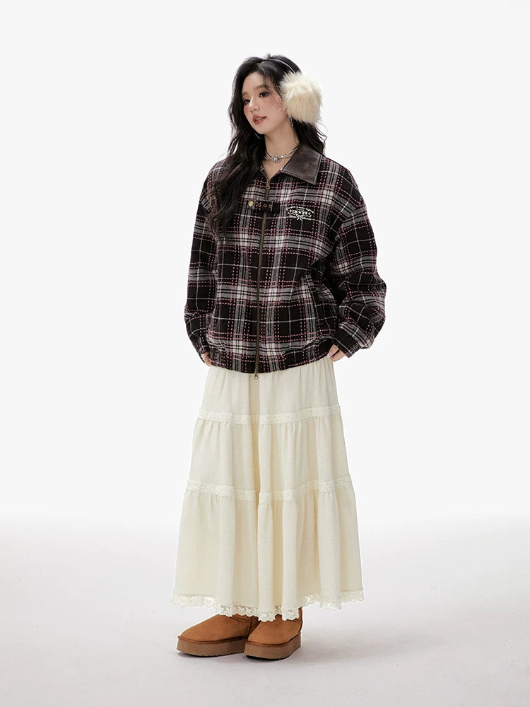 Imone Contrasting Plaid Leather Collar Loose Woolen Short Jacket