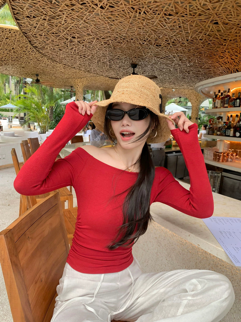 Pusumede Temperament Word Shoulder Slim Pleated Long Sleeves