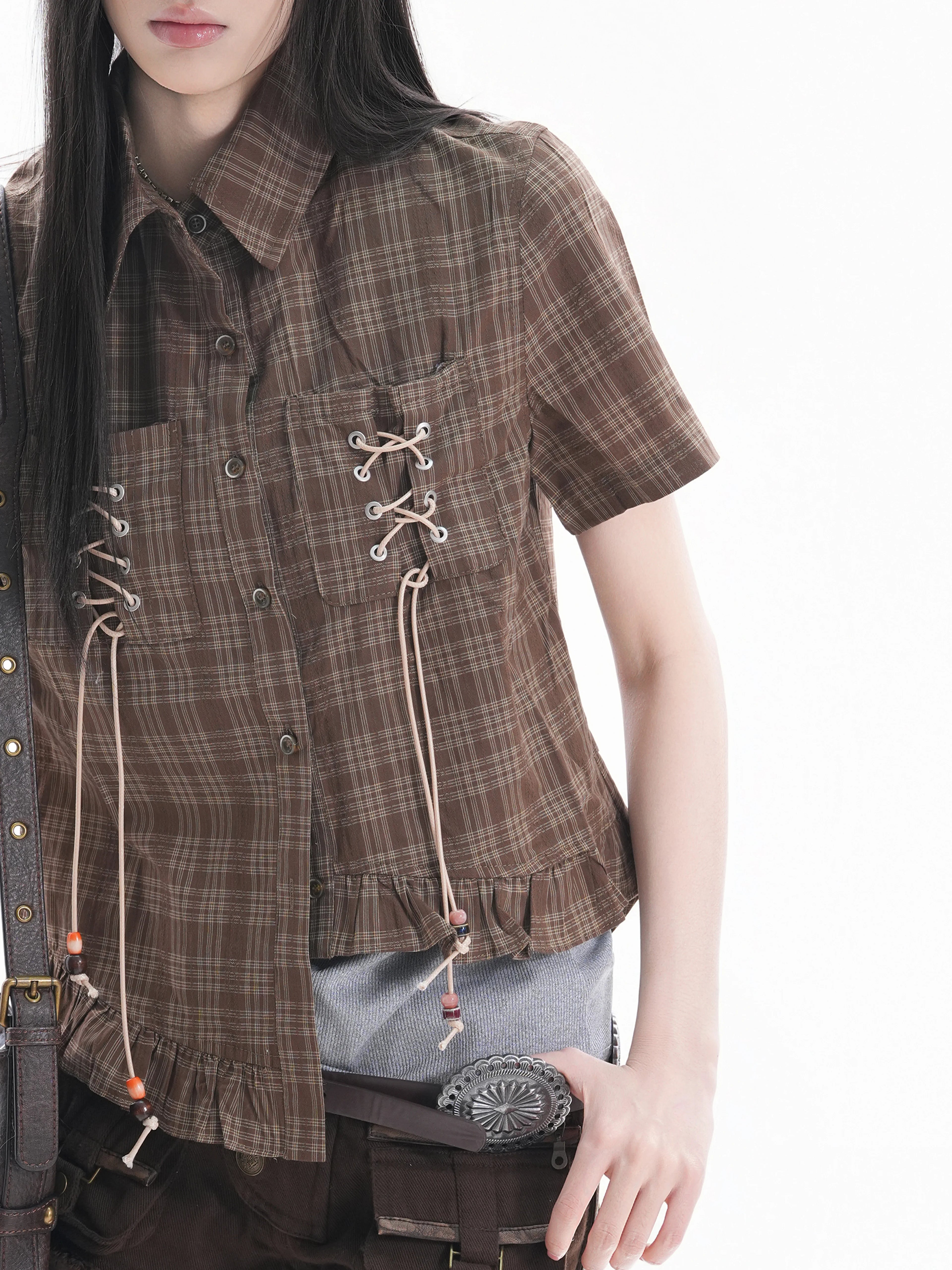 Zuocisankon Vintage Strap-Up Short Shirt