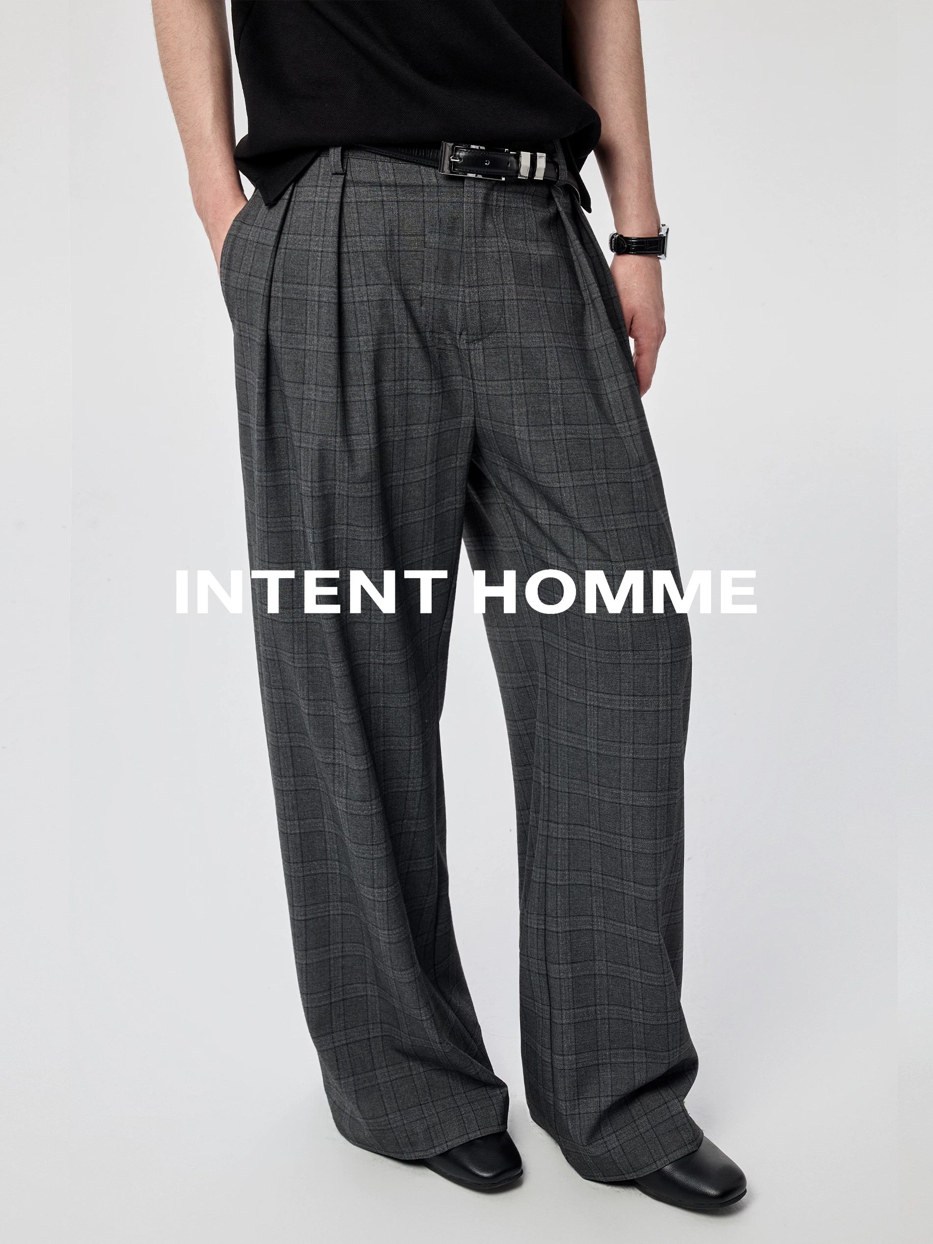 INTENT Plaid Double-pleated Simple Premium Loose Trousers