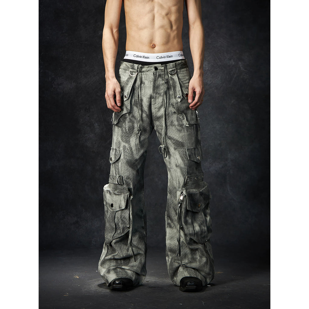 NOMANIAI Old Dirty Multi-pocket Straight Wide-leg Floor-mopping Overalls