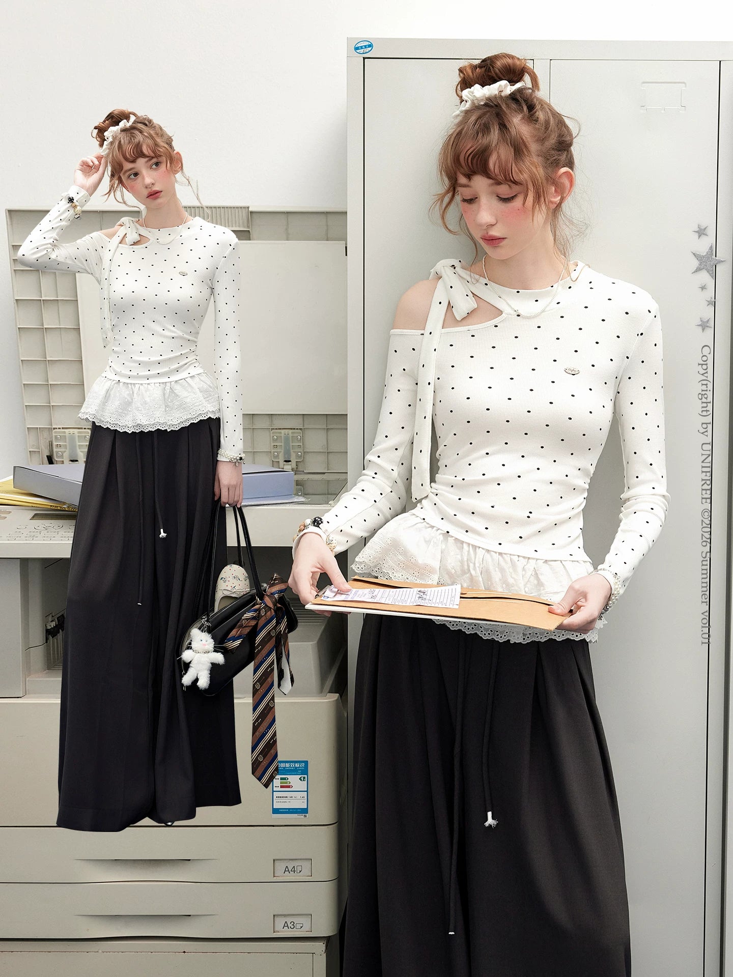 UNIFREE Polka Dot Off Shoulder Waist Strap Lace Splicing Long Sleeve