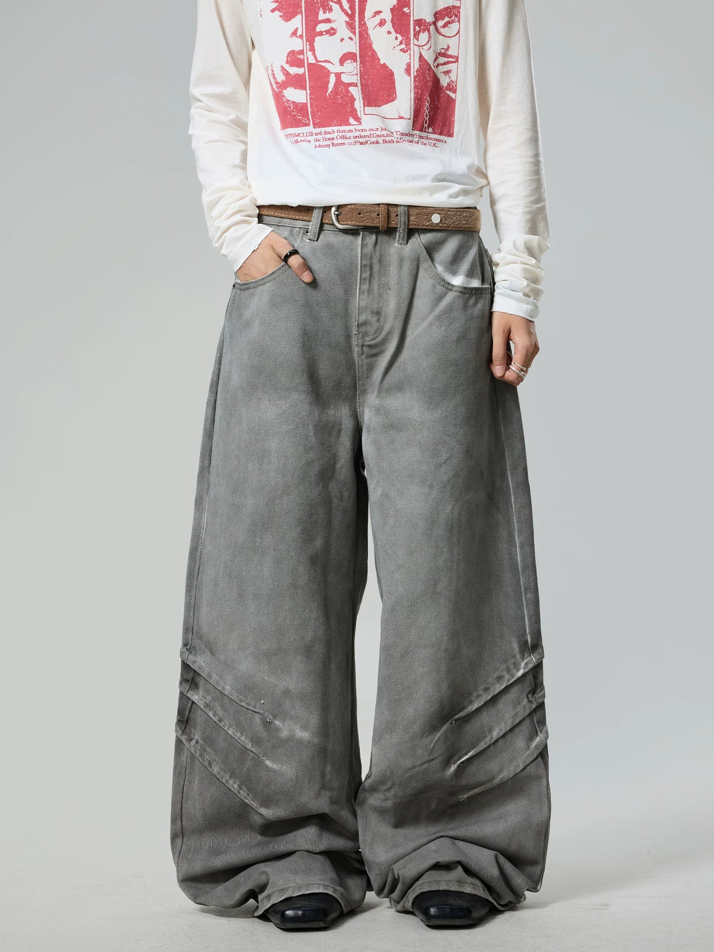 BTSG retro heavy wash scratch baggy loose wide-leg jeans
