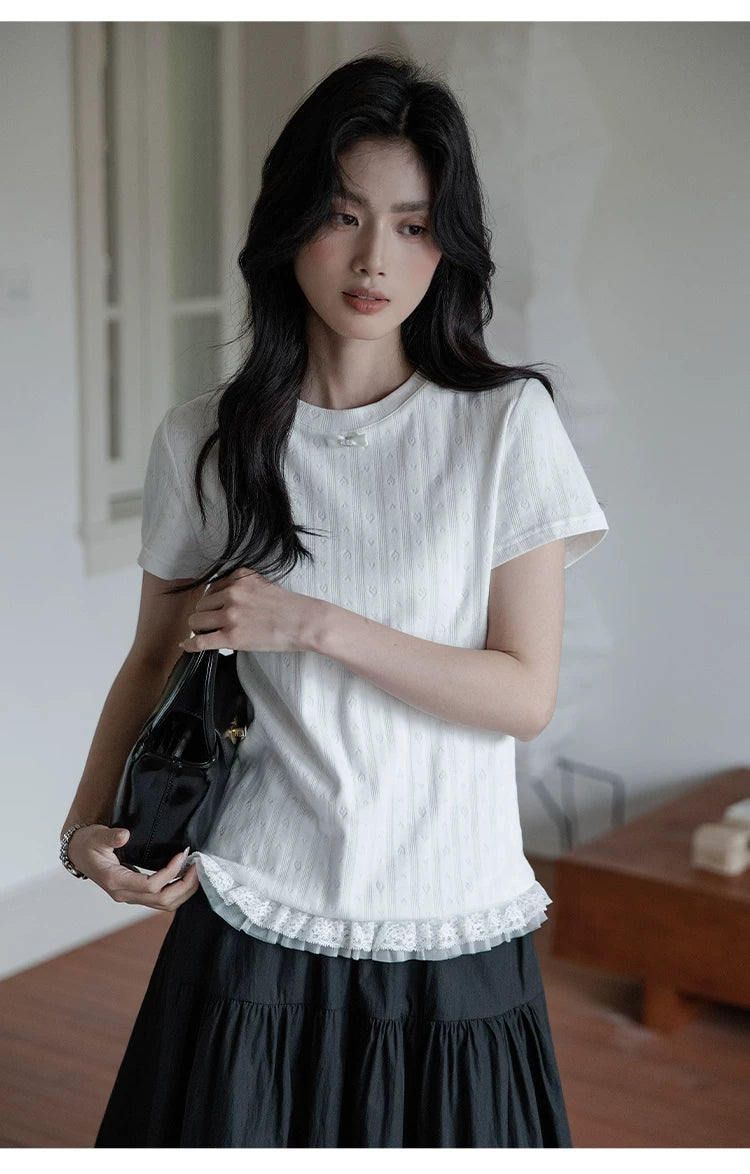 XUJING Front Shoulder Lace Edge Hem Waist Thin Tee