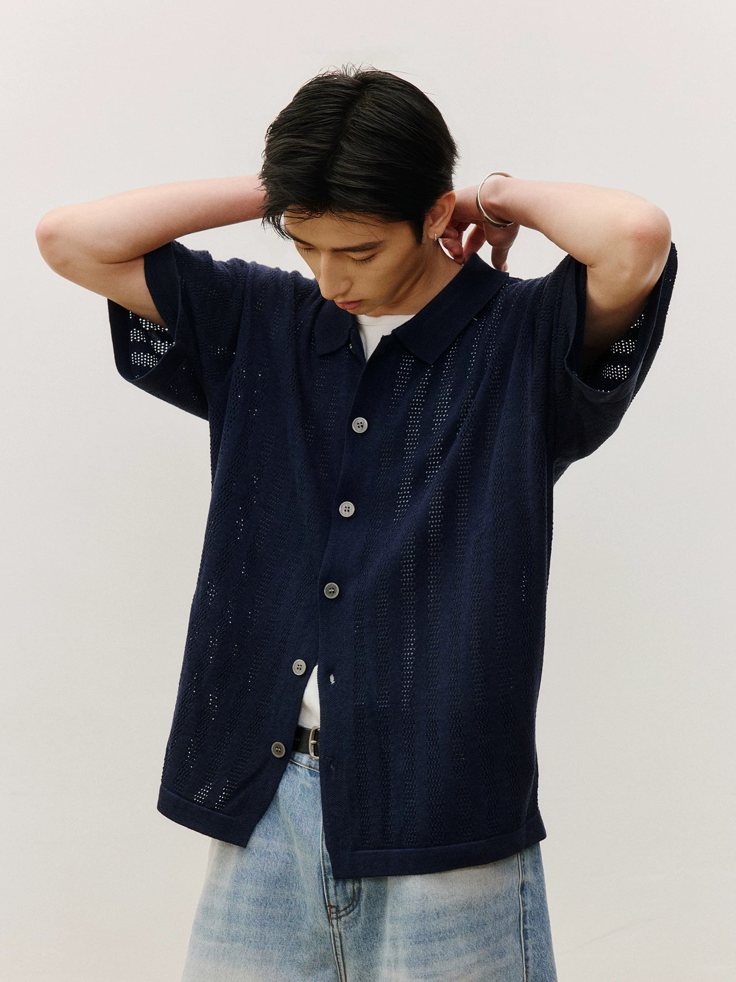 LR MADE Hollow Breathable Short-sleeved Knitted Shirt