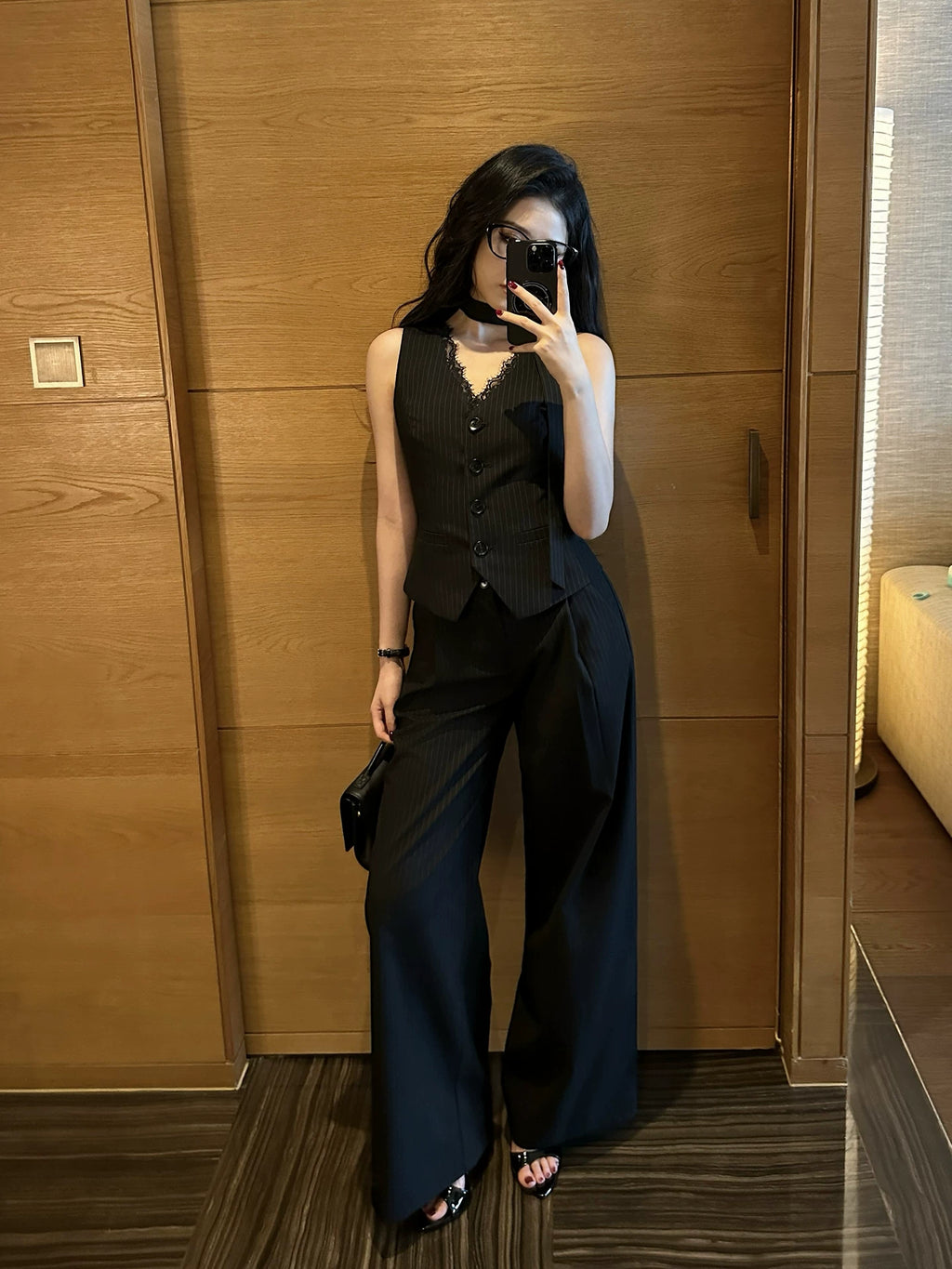 LLROGE Lace Splicing Vest High Waist Wide Leg Pants Set
