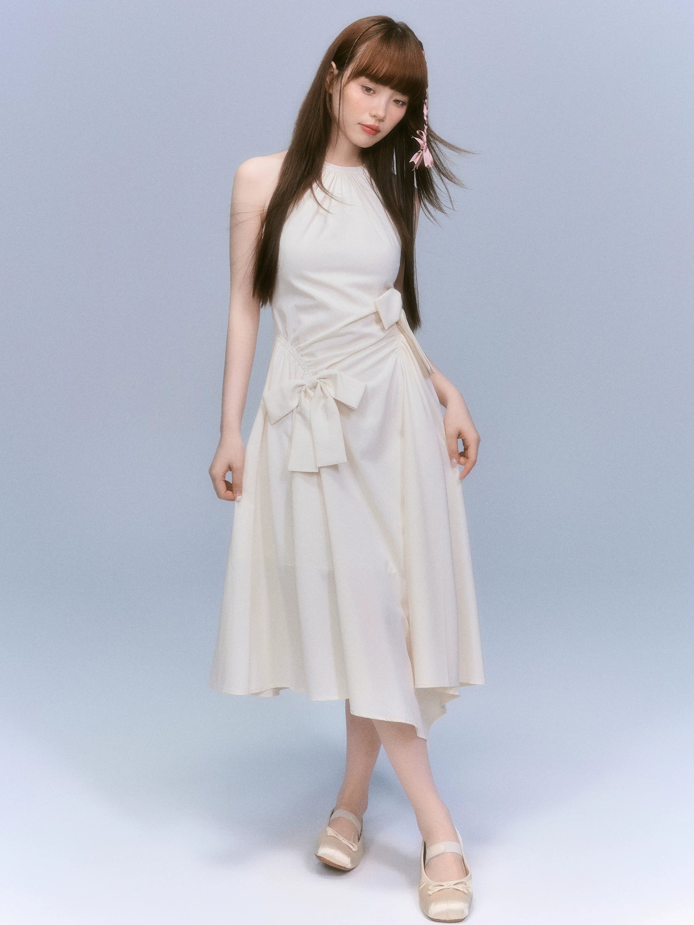 LOST FOREST Sleeveless Slim-fitting Bow Asymmetrical Dress