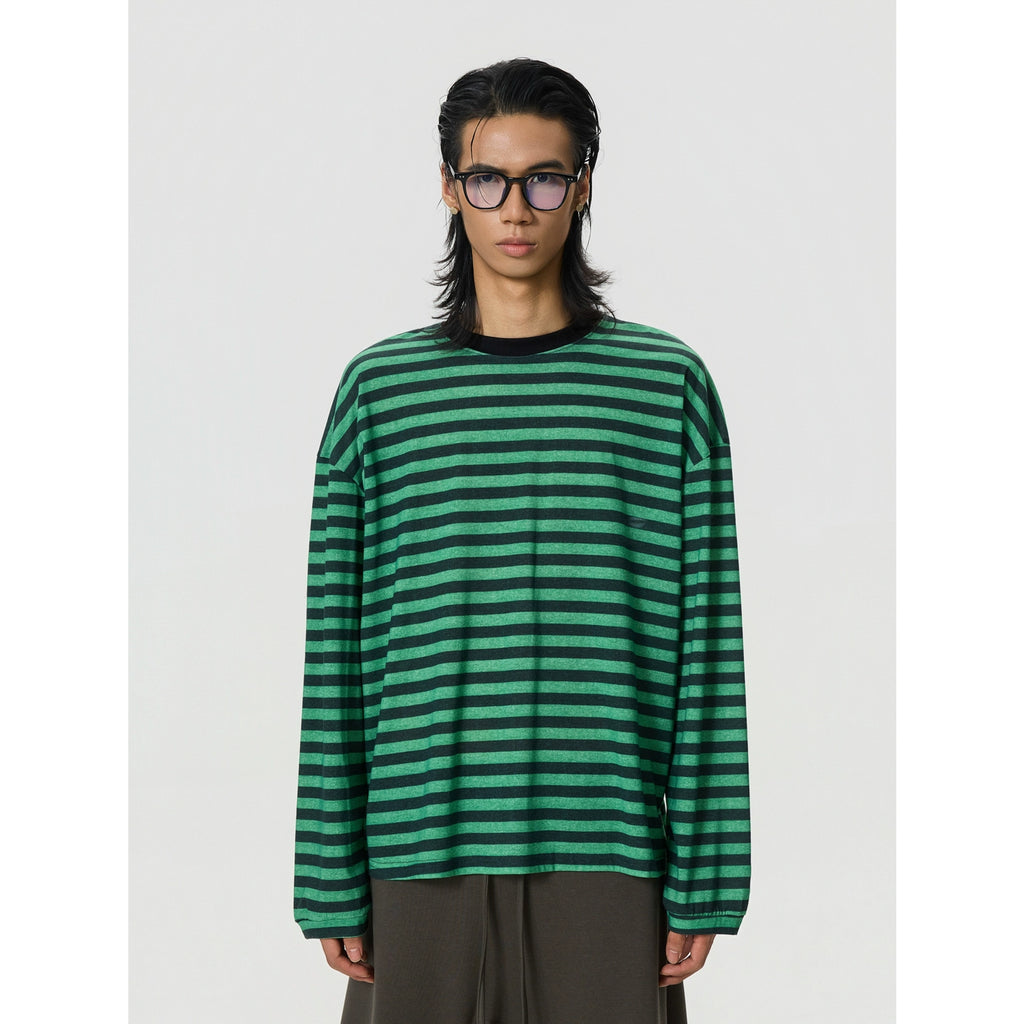 BTSG Vintage Loose Shoulder Black Green Striped Long Sleeve