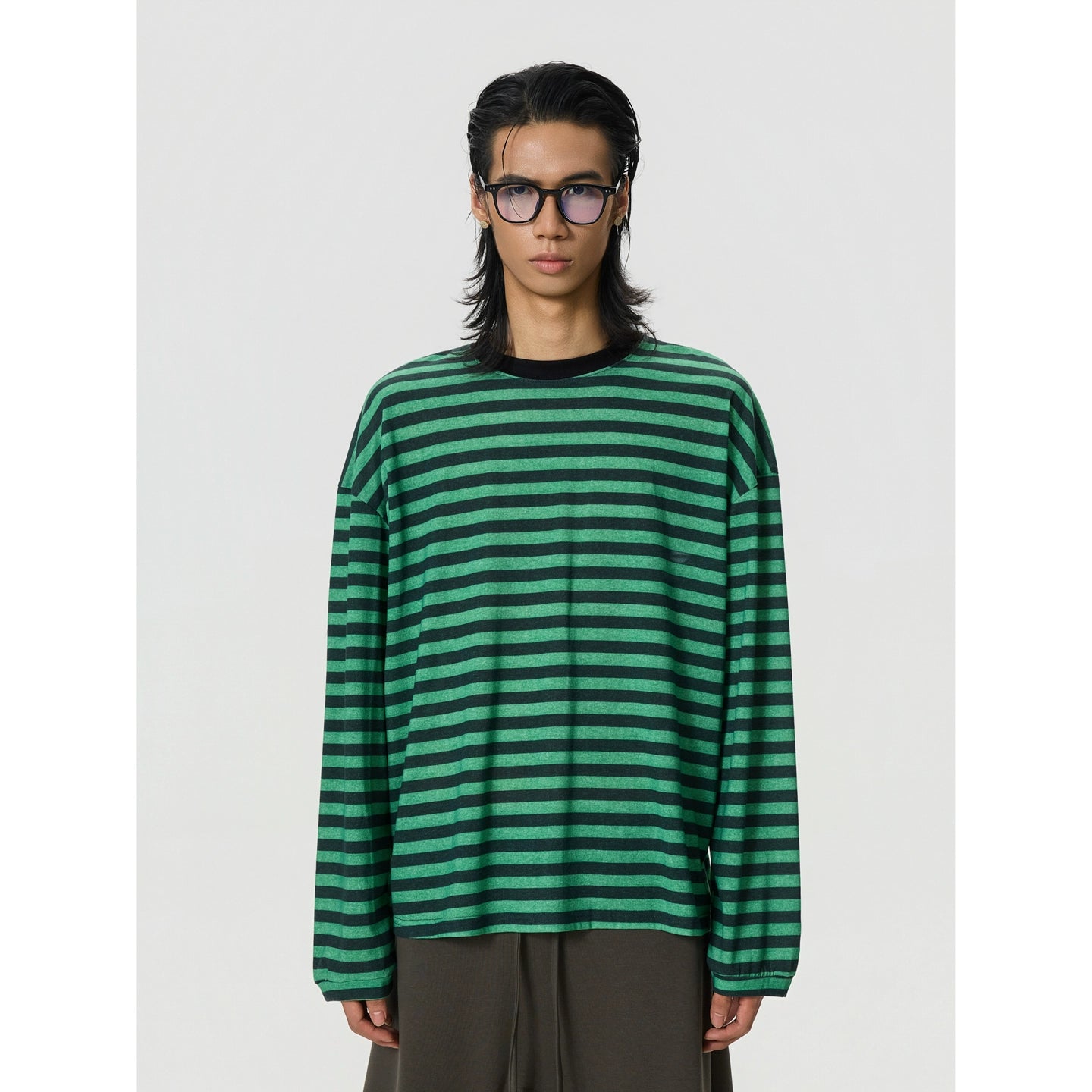 BTSG Vintage Loose Shoulder Black Green Striped Long Sleeve