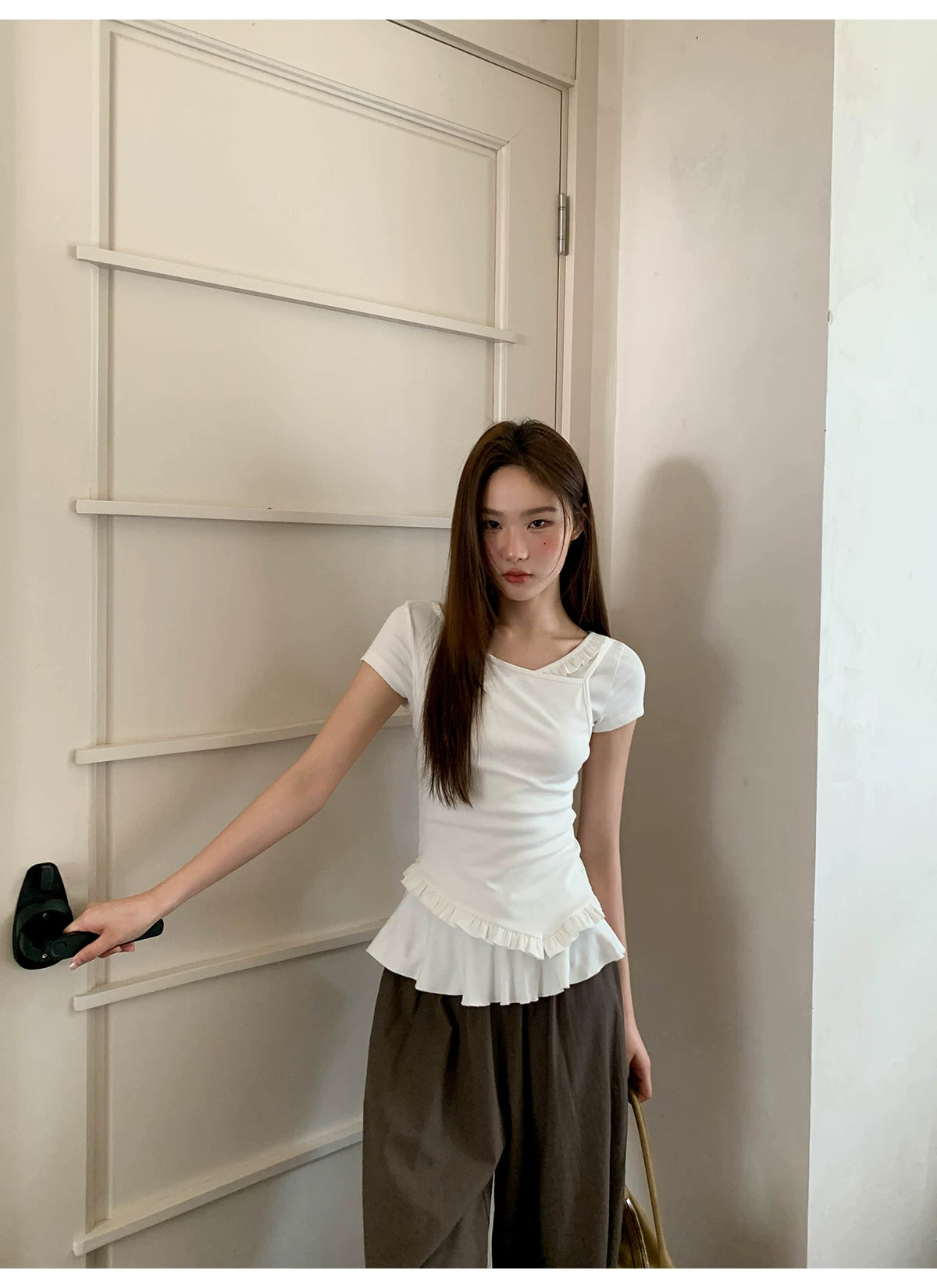 KANO Fake Two Pieces Chic Ruffle Leaf Tee