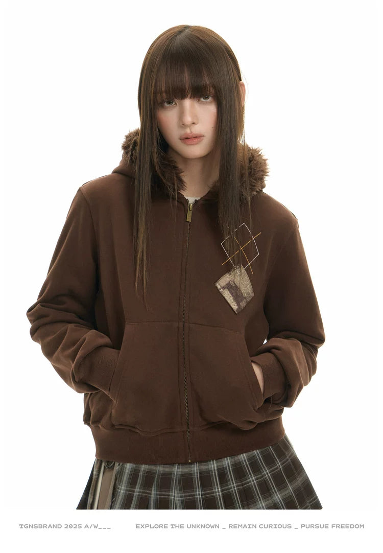 TGNS Hooded Removable Fur Collar Patch Embroidered Jacket
